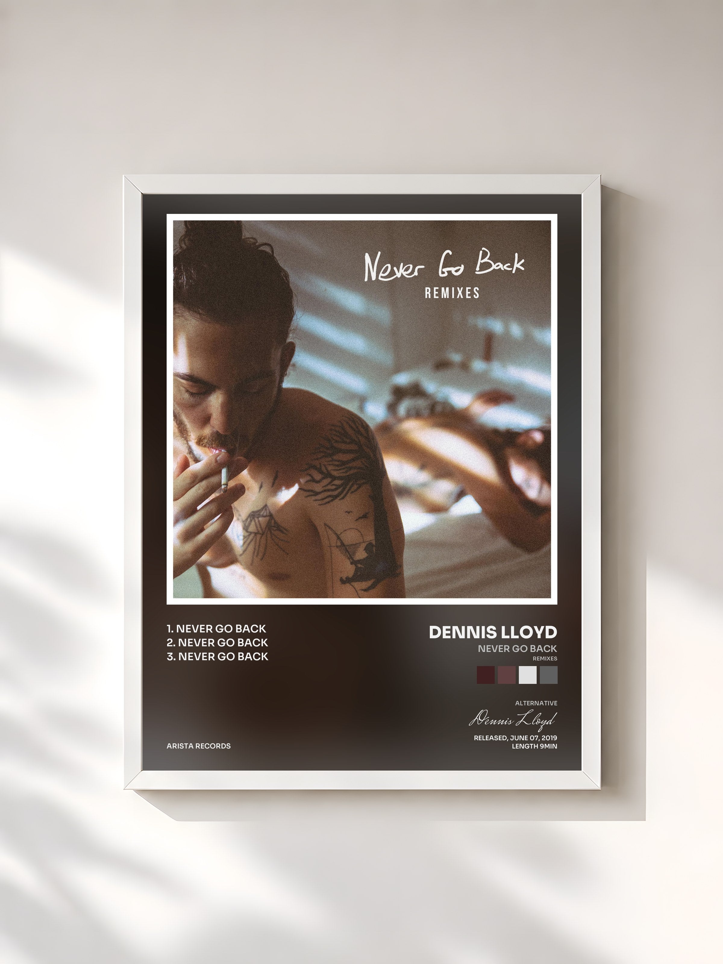 #blanc Tableau de l'album Never Go Back (Remixes) de Dennis Lloyd, cadre blanc, imprimé et encadré en France