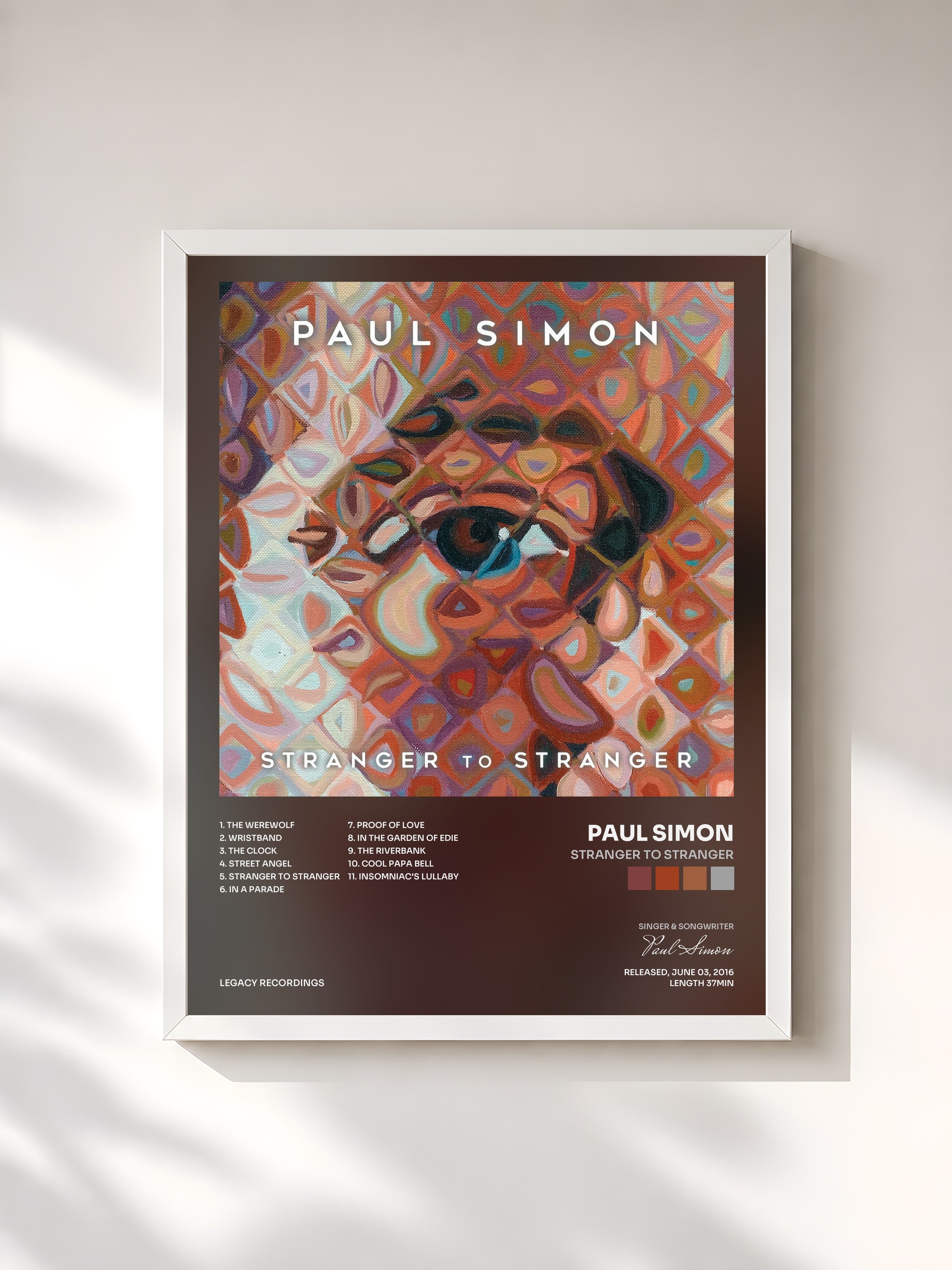 #blanc Tableau de l'album Stranger To Stranger de Paul Simon, cadre blanc, imprimé et encadré en France