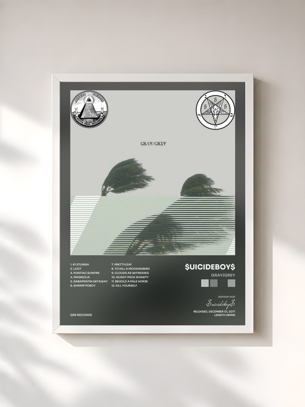 #blanc Tableau de l'album Gray/Grey de $uicideboy$, cadre blanc, imprimé et encadré en France