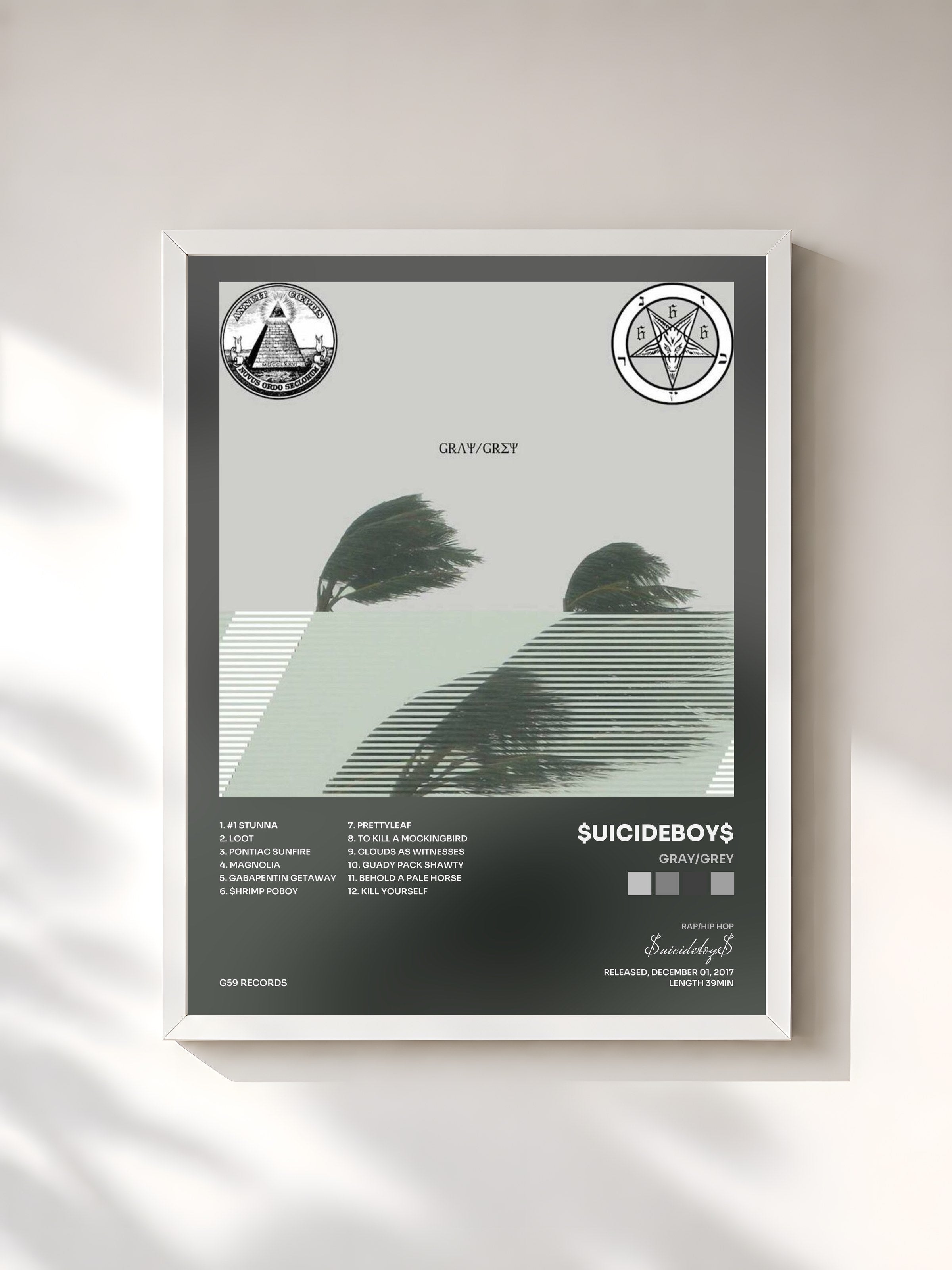 #blanc Tableau de l'album Gray/Grey de $uicideboy$, cadre blanc, imprimé et encadré en France