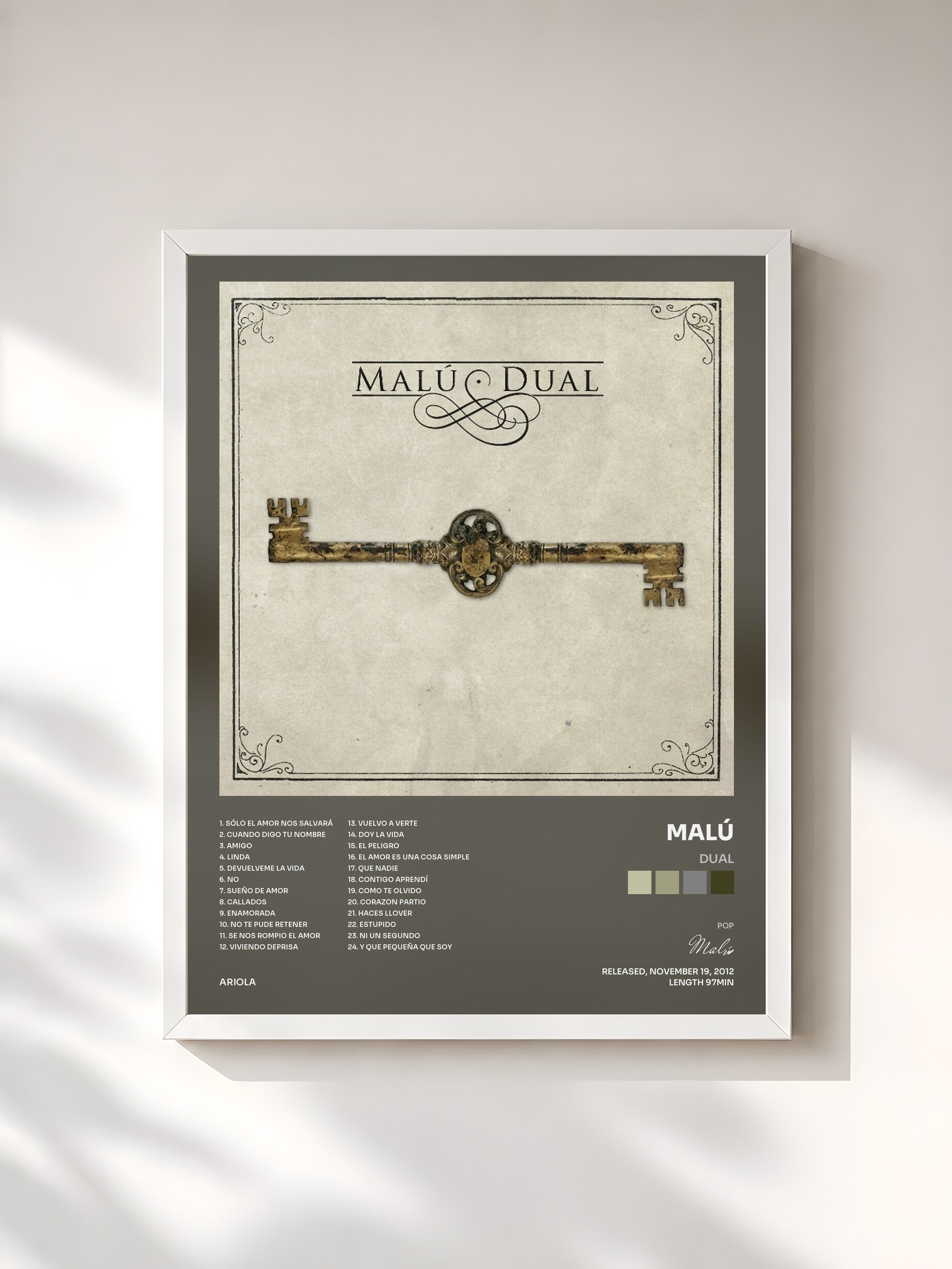 #blanc Tableau de l'album Dual de Malú, cadre blanc, imprimé et encadré en France