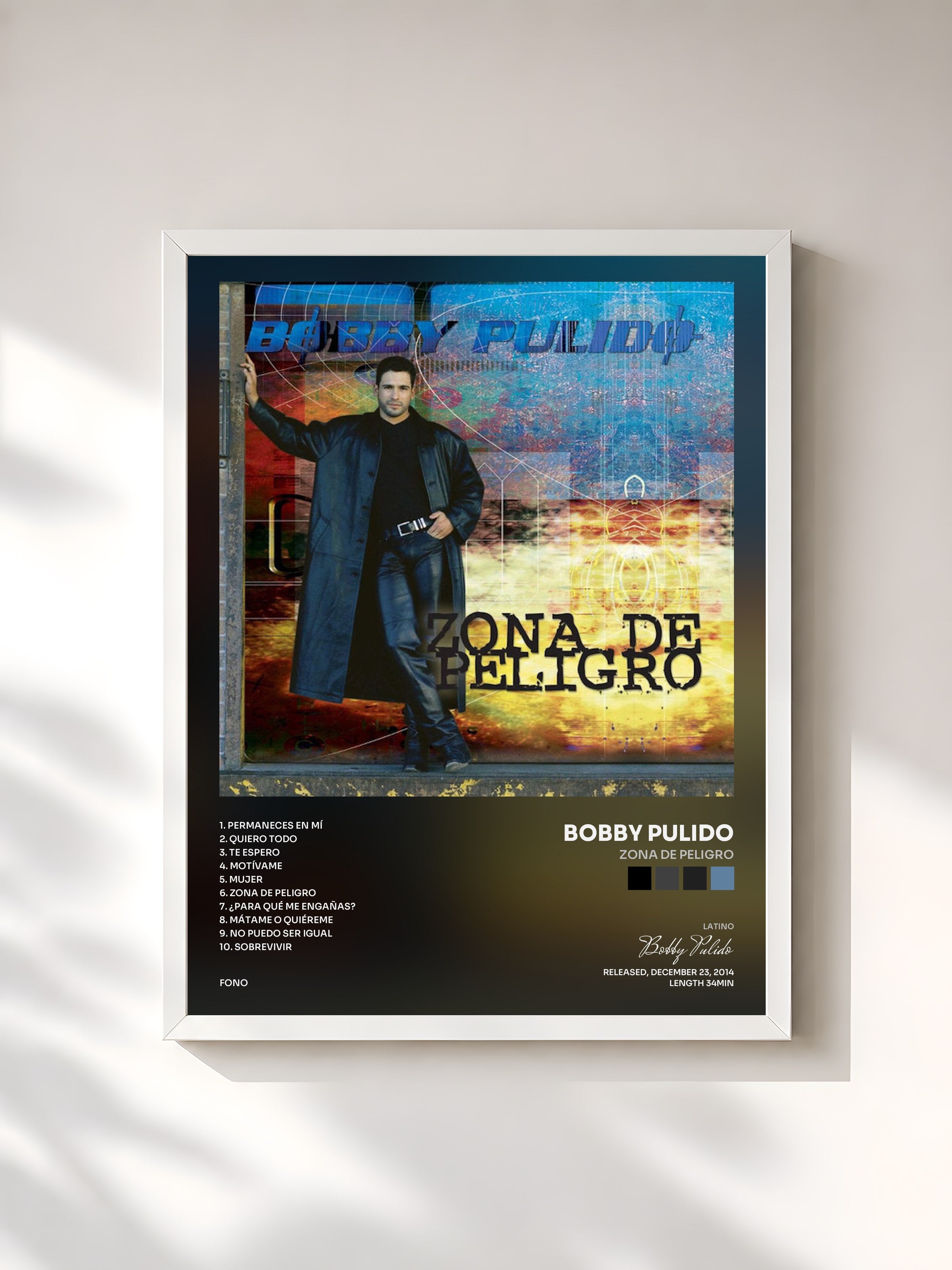 #blanc Tableau de l'album Zona De Peligro de Bobby Pulido, cadre blanc, imprimé et encadré en France