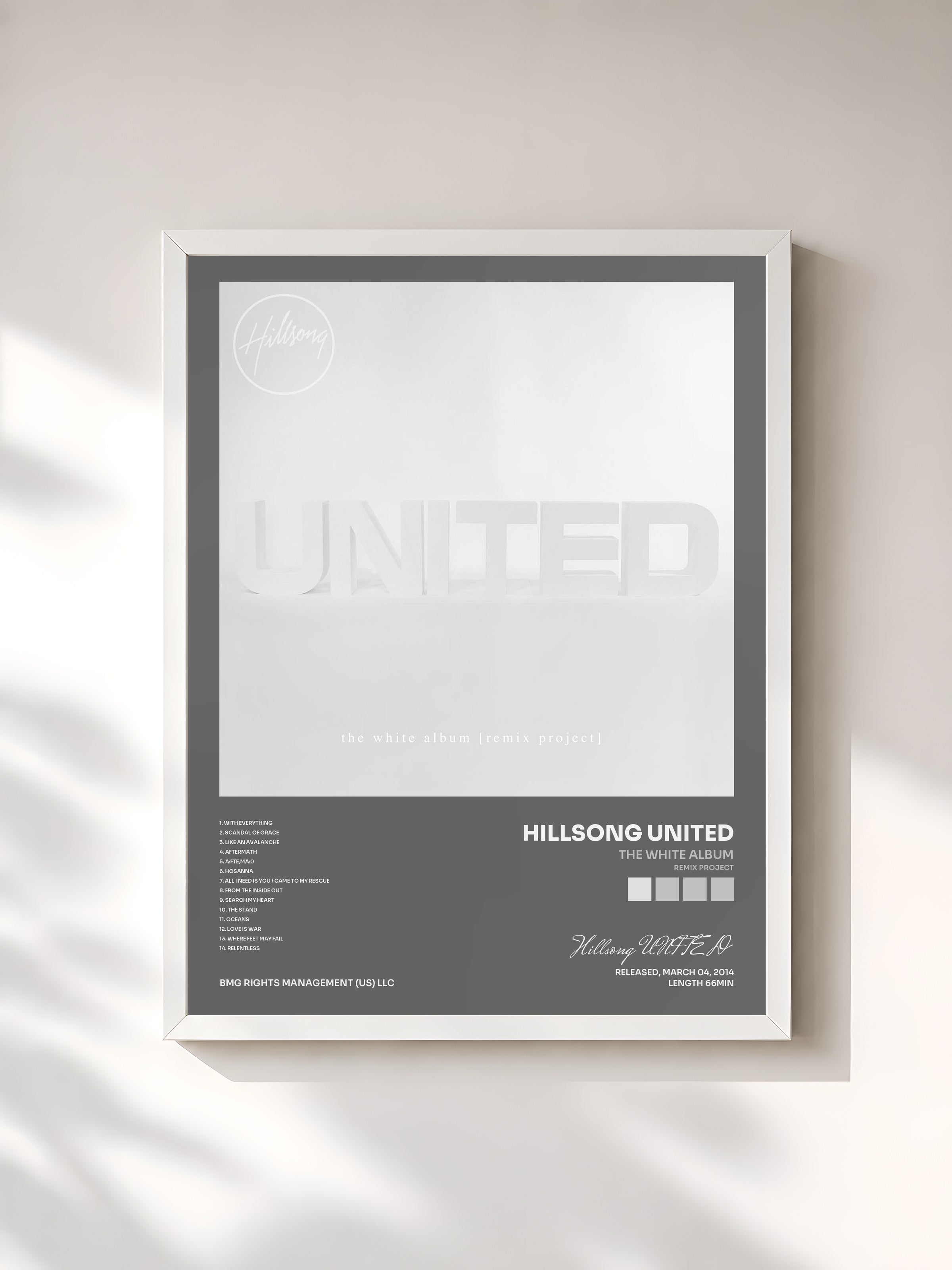 #blanc Tableau de l'album The White Album (Remix Project) de Hillsong UNITED, cadre blanc, imprimé et encadré en France