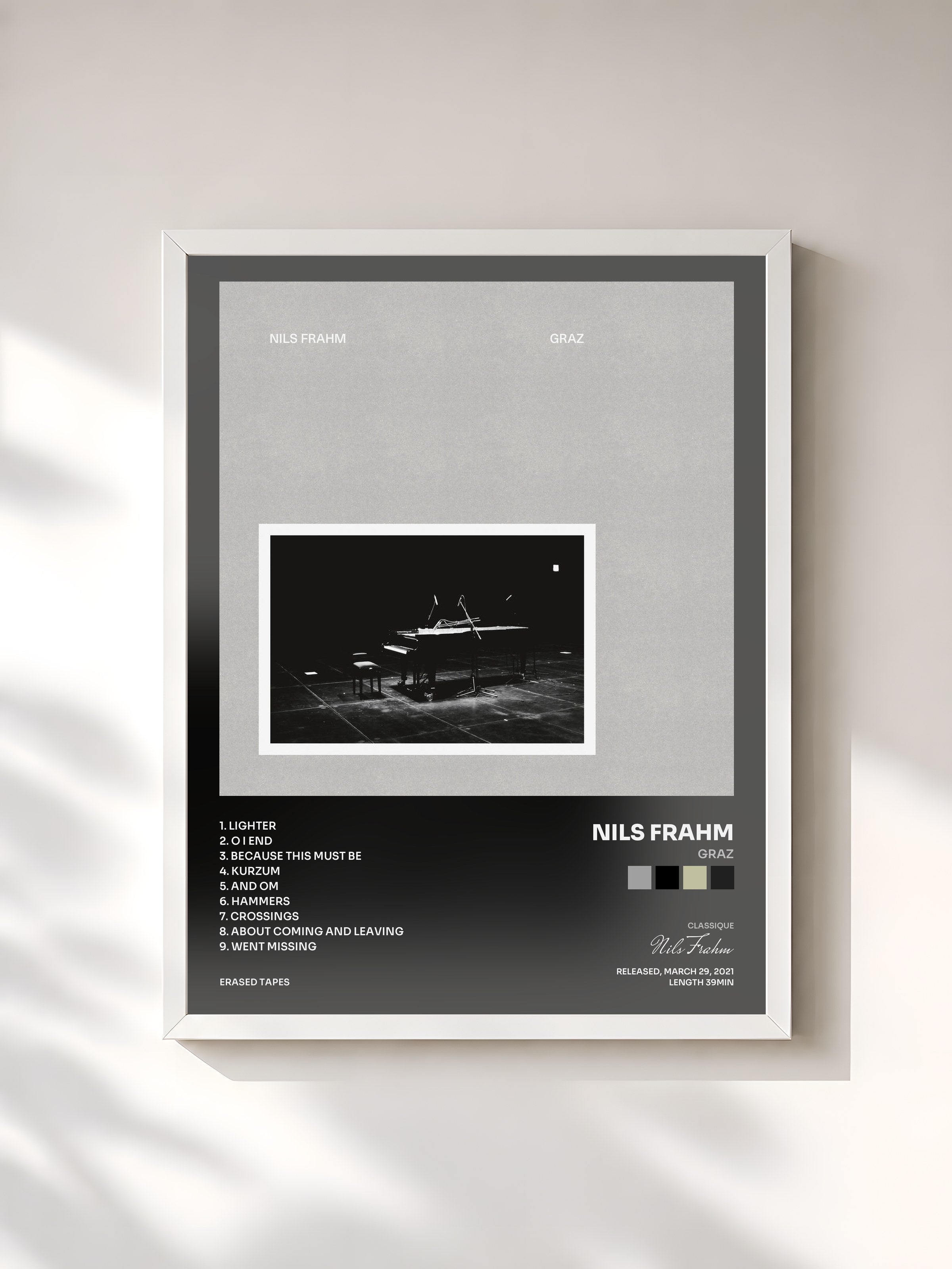 #blanc Tableau de l'album Graz de Nils Frahm, cadre blanc, imprimé et encadré en France