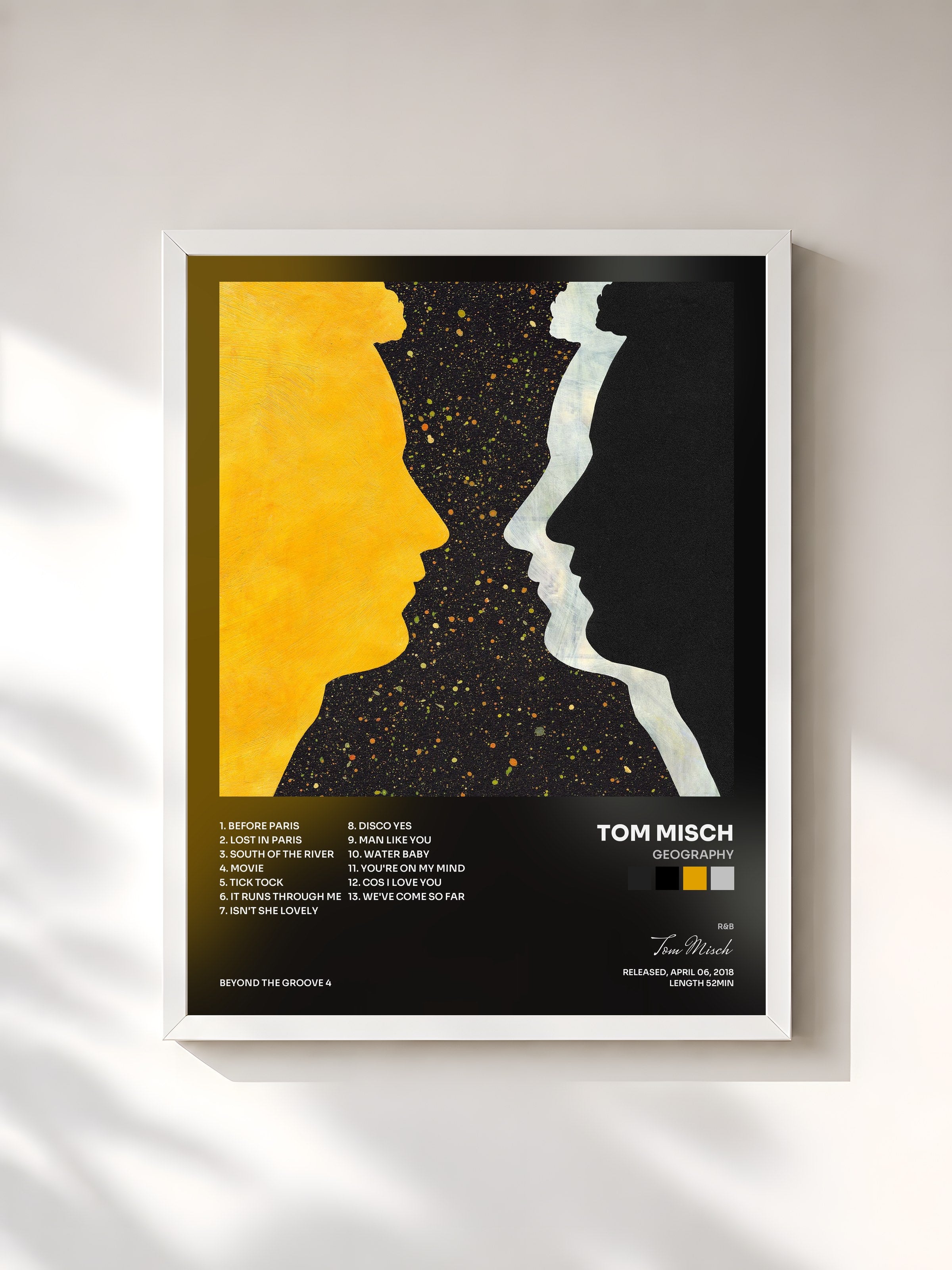 #blanc Tableau de l'album Geography de Tom Misch, cadre blanc, imprimé et encadré en France