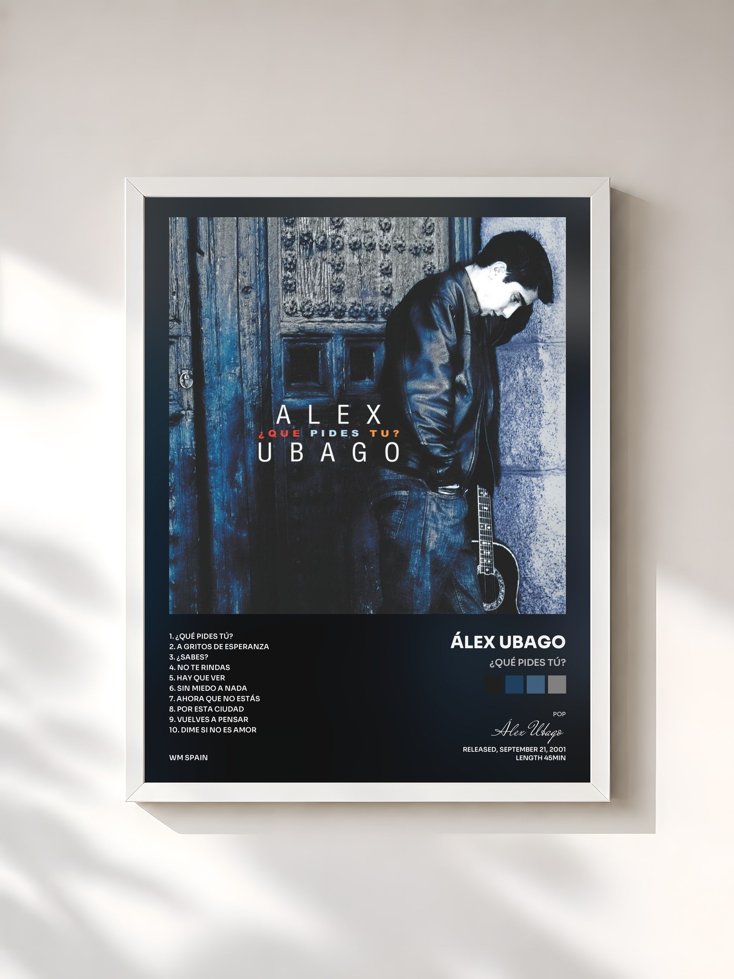 #blanc Tableau de l'album ¿Qué pides tú? de Álex Ubago, cadre blanc, imprimé et encadré en France