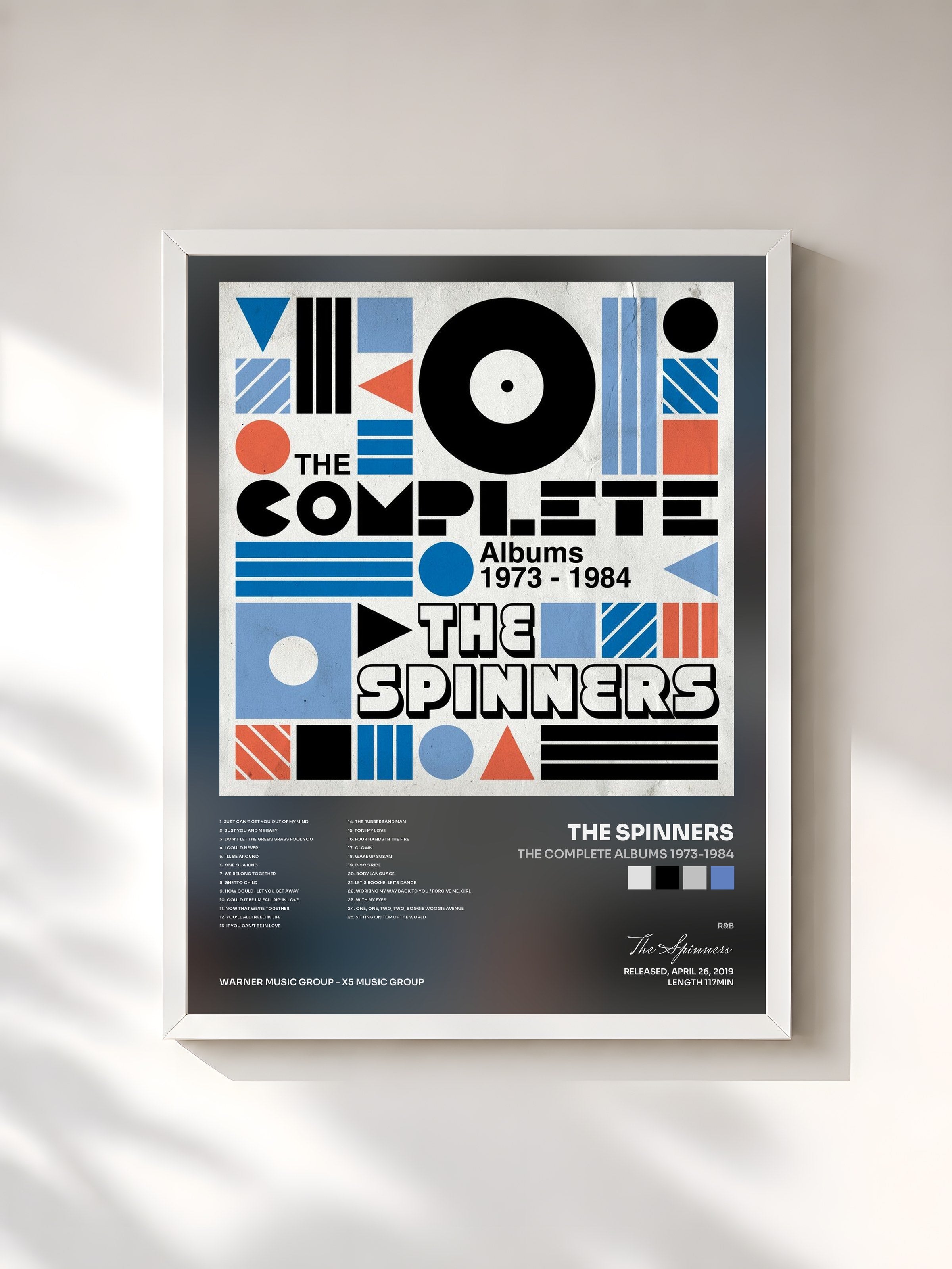 #blanc Tableau de l'album The Complete Albums 1973-1984 de The Spinners, cadre blanc, imprimé et encadré en France