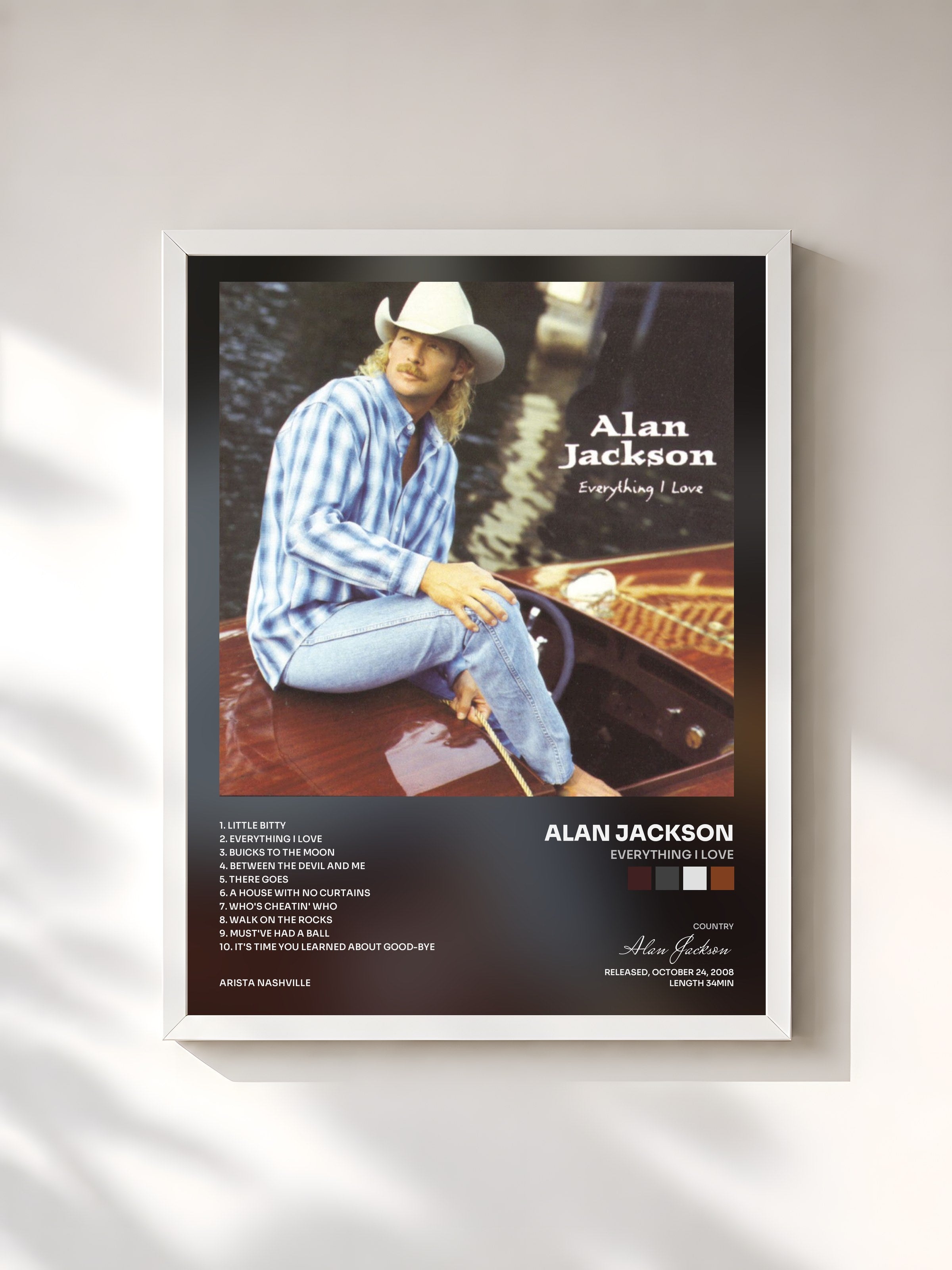 #blanc Tableau de l'album Everything I Love de Alan Jackson, cadre blanc, imprimé et encadré en France