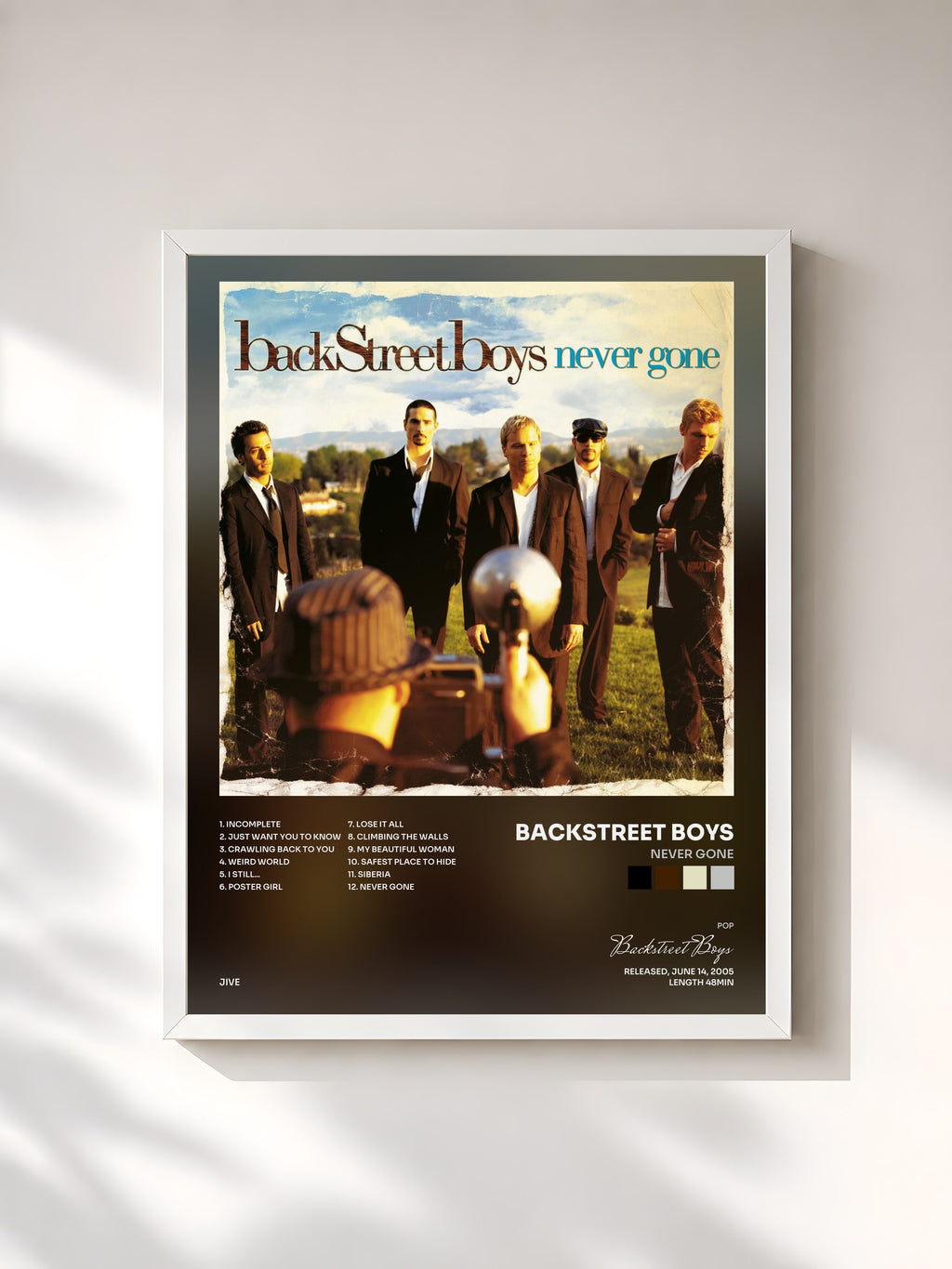 #blanc Tableau de l'album Never Gone de Backstreet Boys, cadre blanc, imprimé et encadré en France