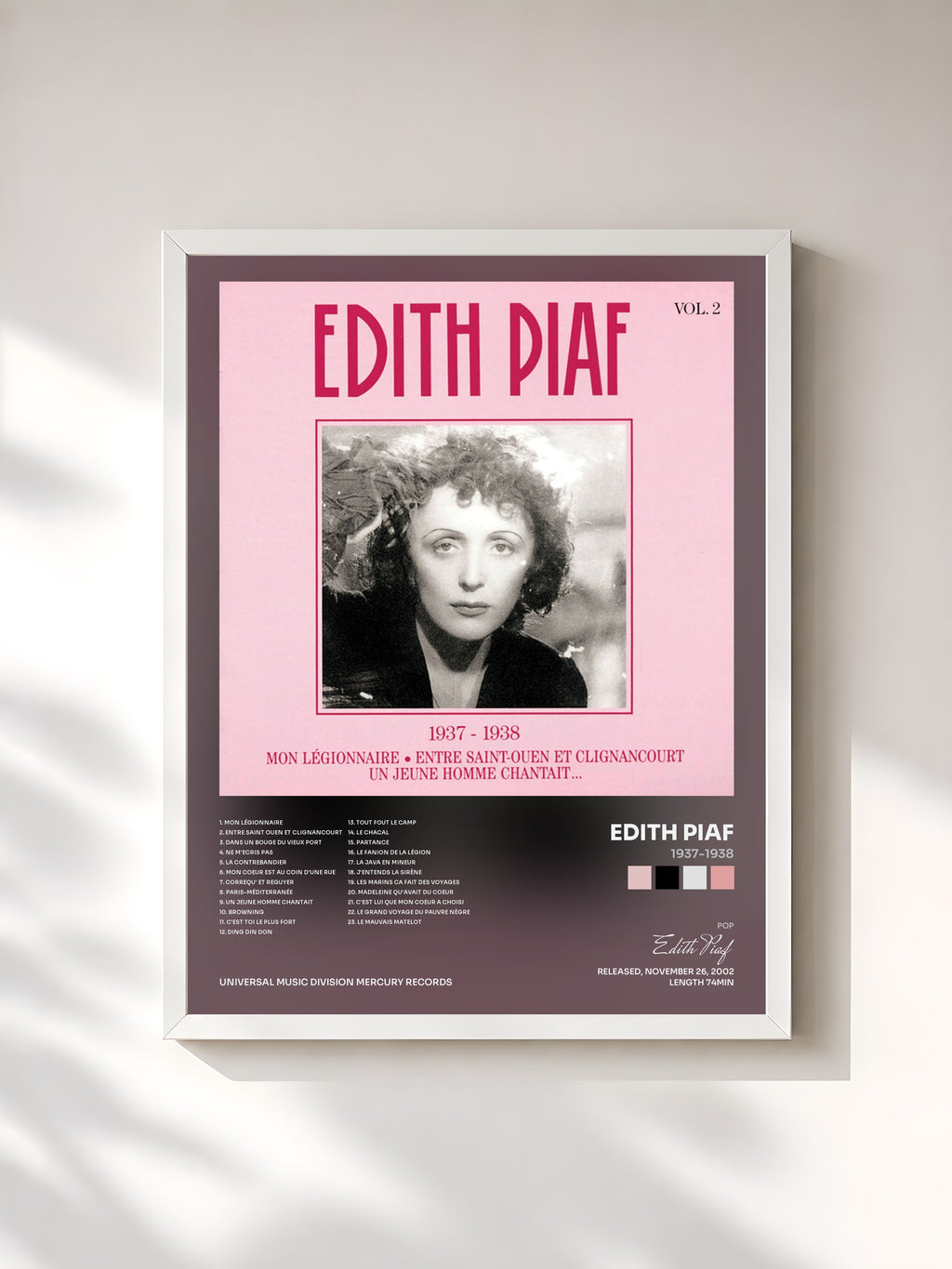 #blanc Tableau de l'album 1937-1938 de Edith Piaf, cadre blanc, imprimé et encadré en France