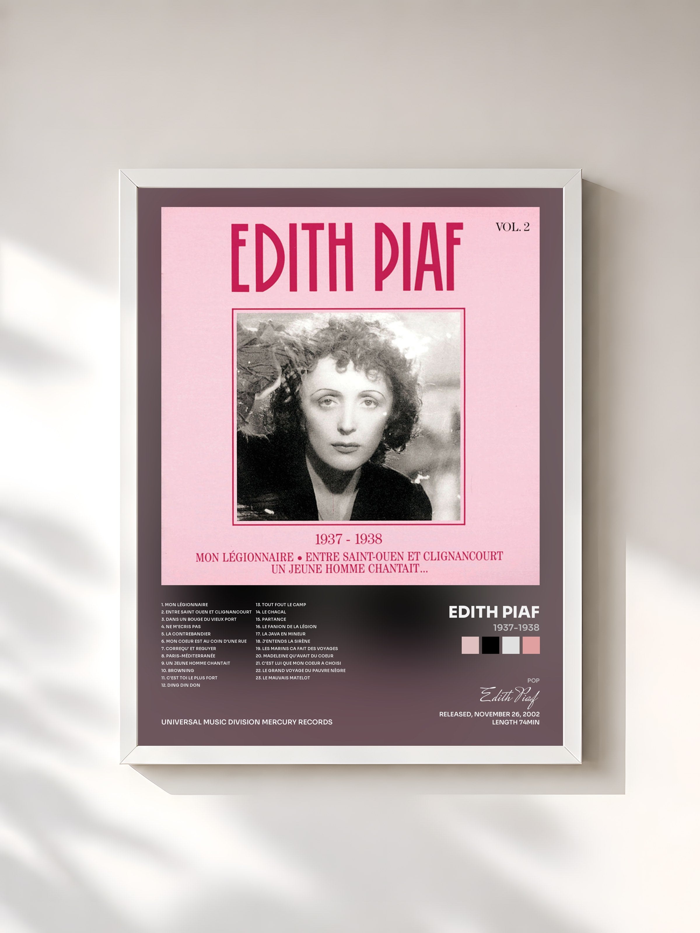 #blanc Tableau de l'album 1937-1938 de Edith Piaf, cadre blanc, imprimé et encadré en France