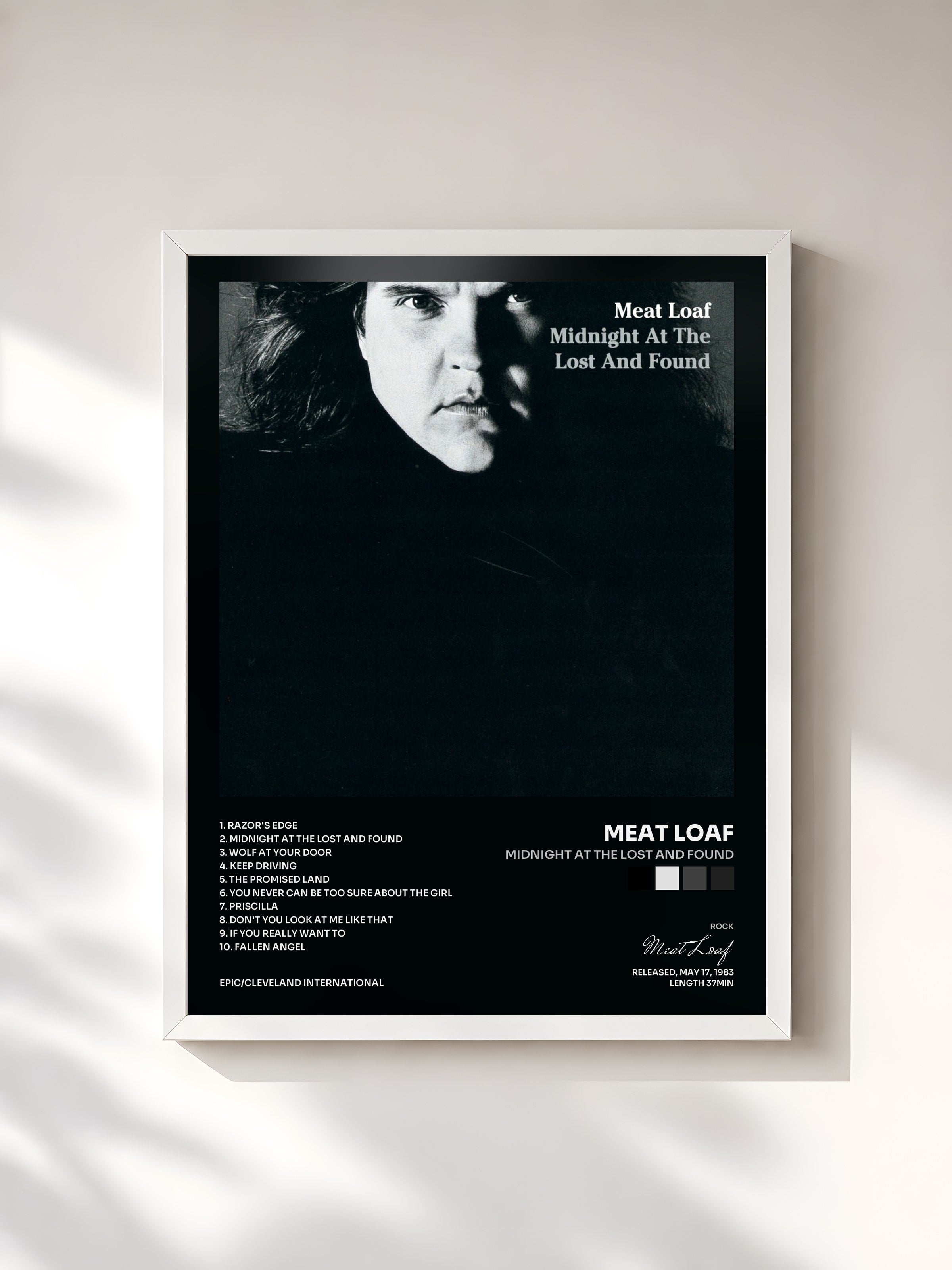 #blanc Tableau de l'album Midnight At The Lost And Found de Meat Loaf, cadre blanc, imprimé et encadré en France