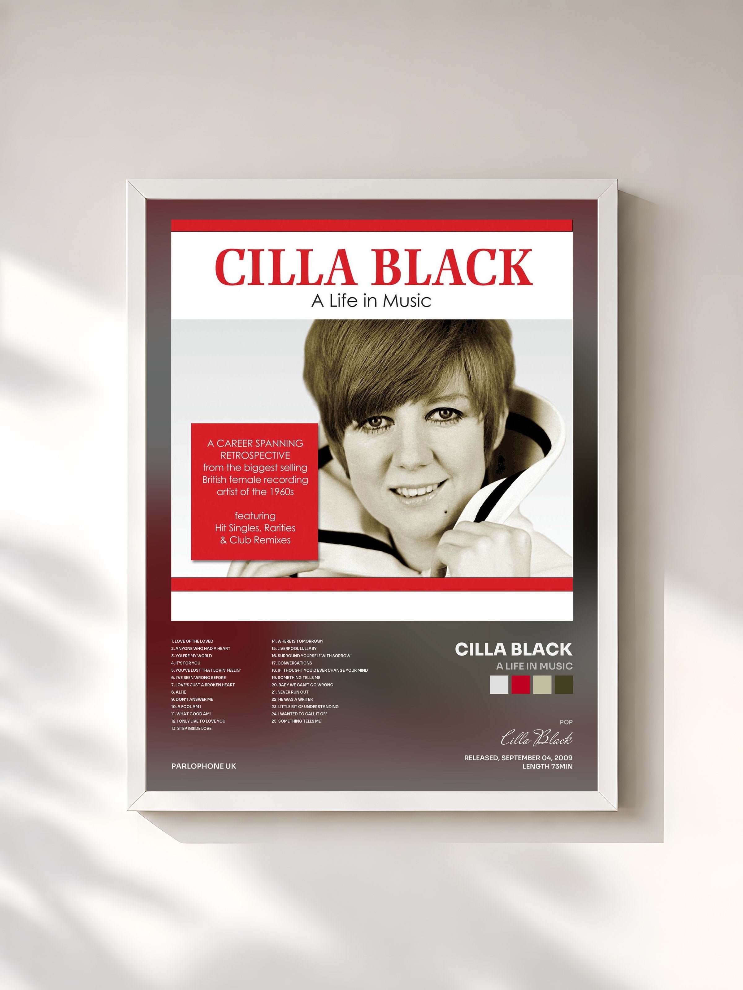 #blanc Tableau de l'album A Life in Music de Cilla Black, cadre blanc, imprimé et encadré en France