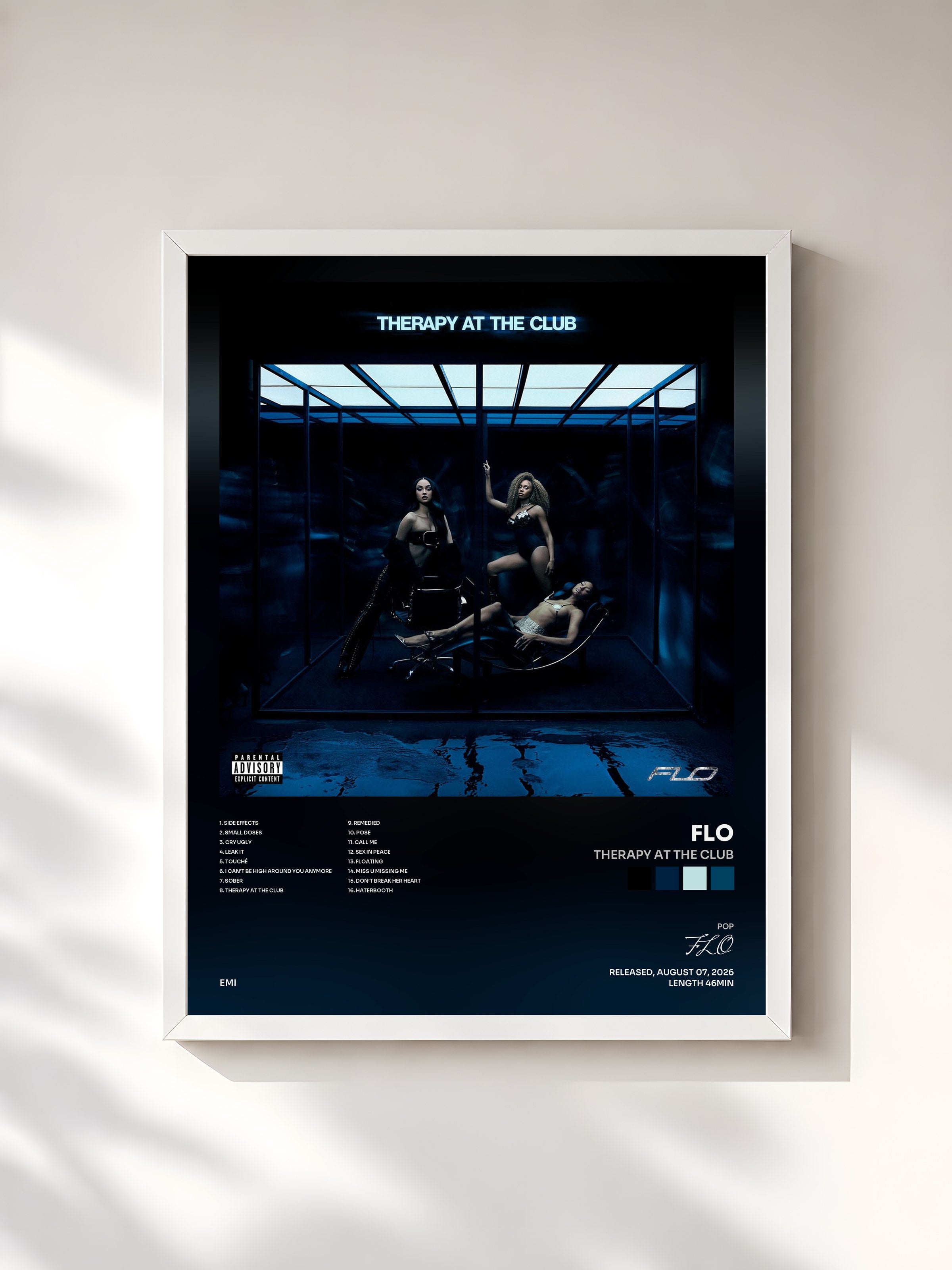 #blanc Tableau de l'album THERAPY AT THE CLUB de FLO, cadre blanc, imprimé et encadré en France