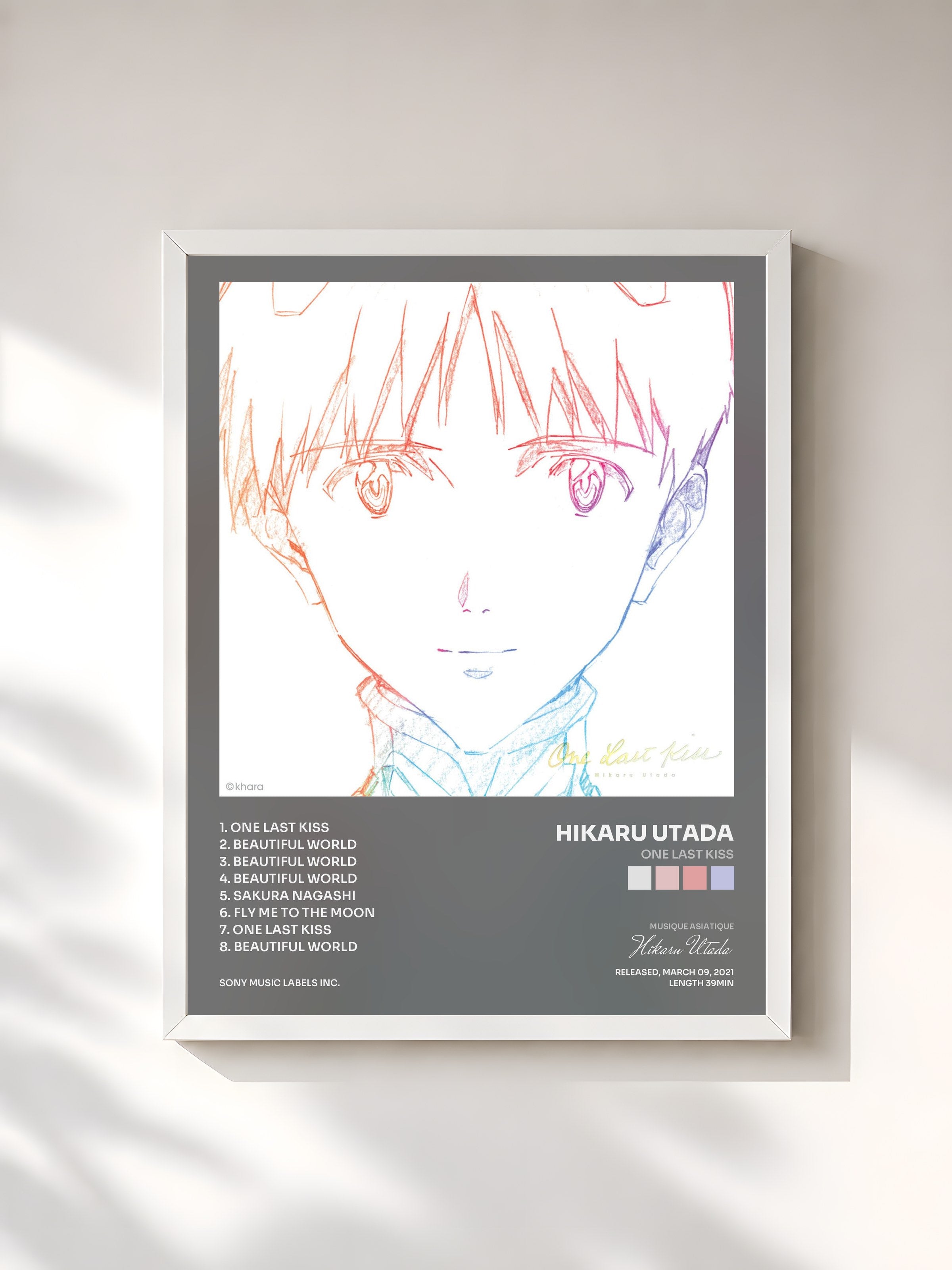 #blanc Tableau de l'album One Last Kiss de Hikaru Utada, cadre blanc, imprimé et encadré en France