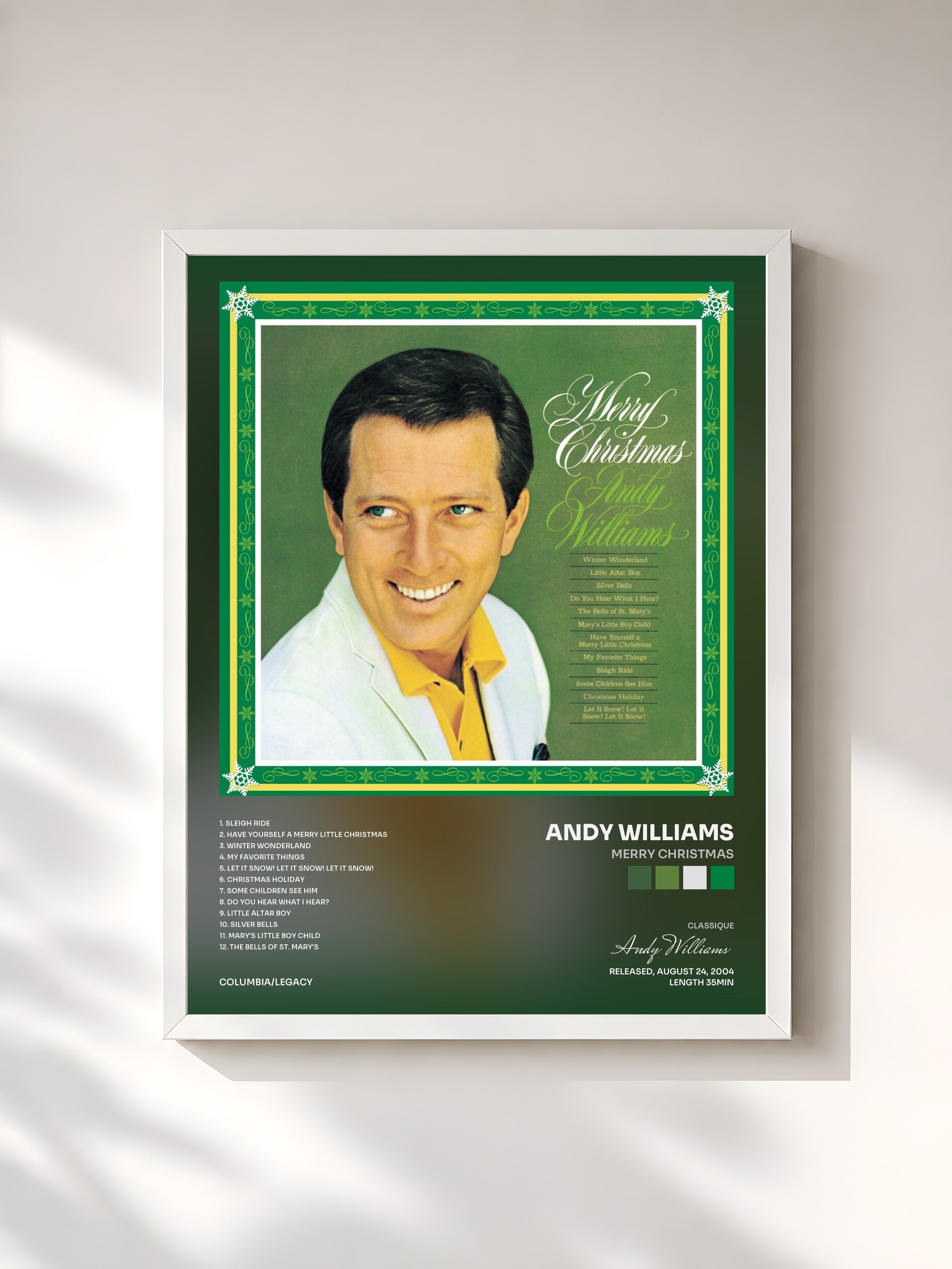 #blanc Tableau de l'album Merry Christmas de Andy Williams, cadre blanc, imprimé et encadré en France