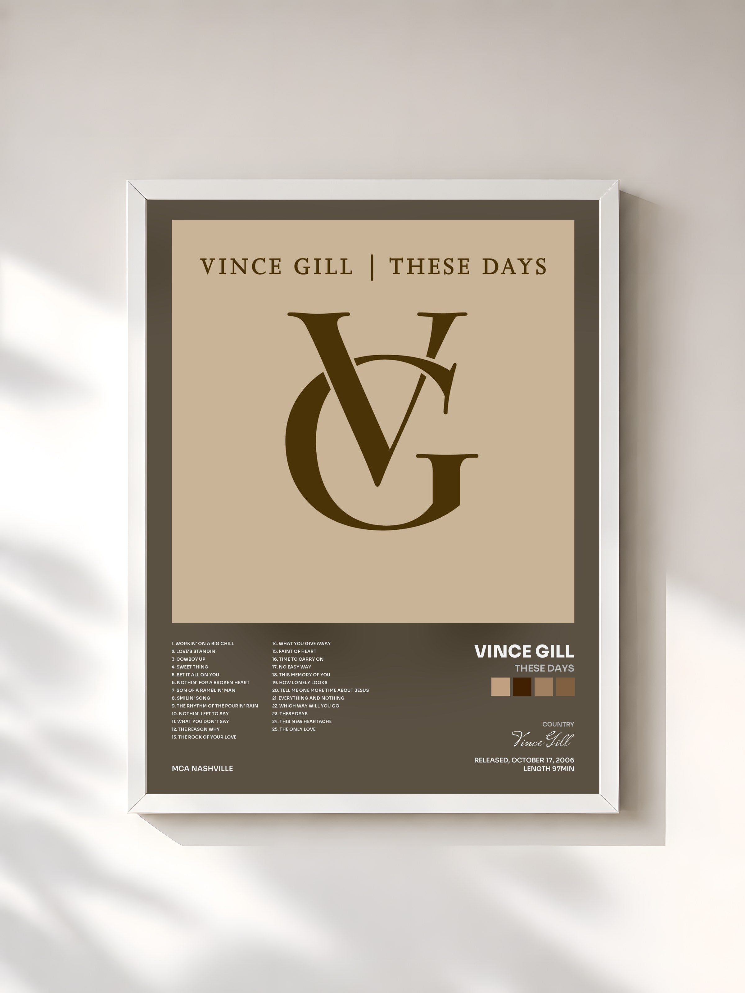 #blanc Tableau de l'album These Days de Vince Gill, cadre blanc, imprimé et encadré en France