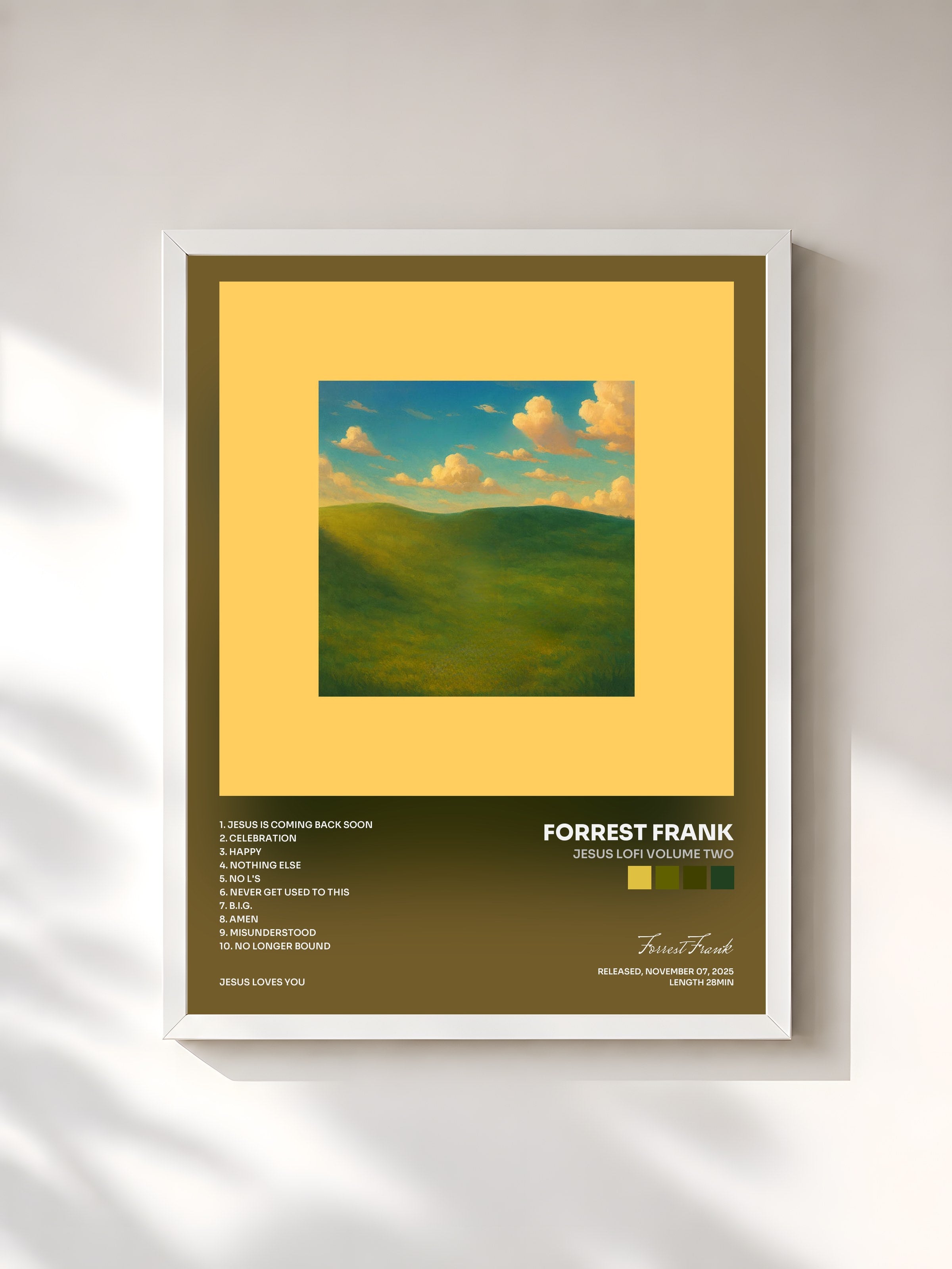 #blanc Tableau de l'album JESUS LOFI VOLUME TWO de Forrest Frank, cadre blanc, imprimé et encadré en France