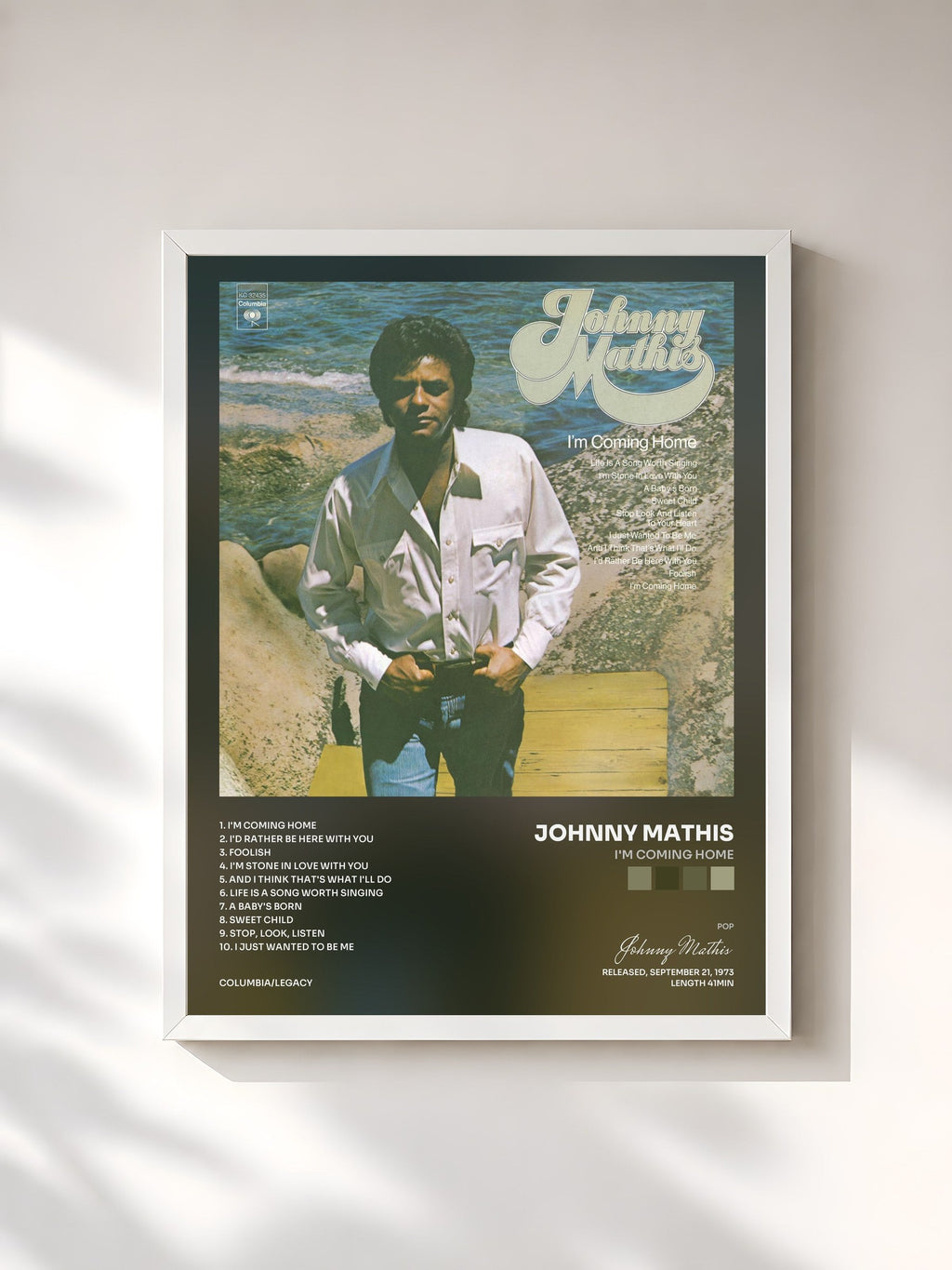#blanc I'm Coming Home di Johnny Mathis in stampa incorniciata, cornice bianca, stampata e incorniciata in Francia
