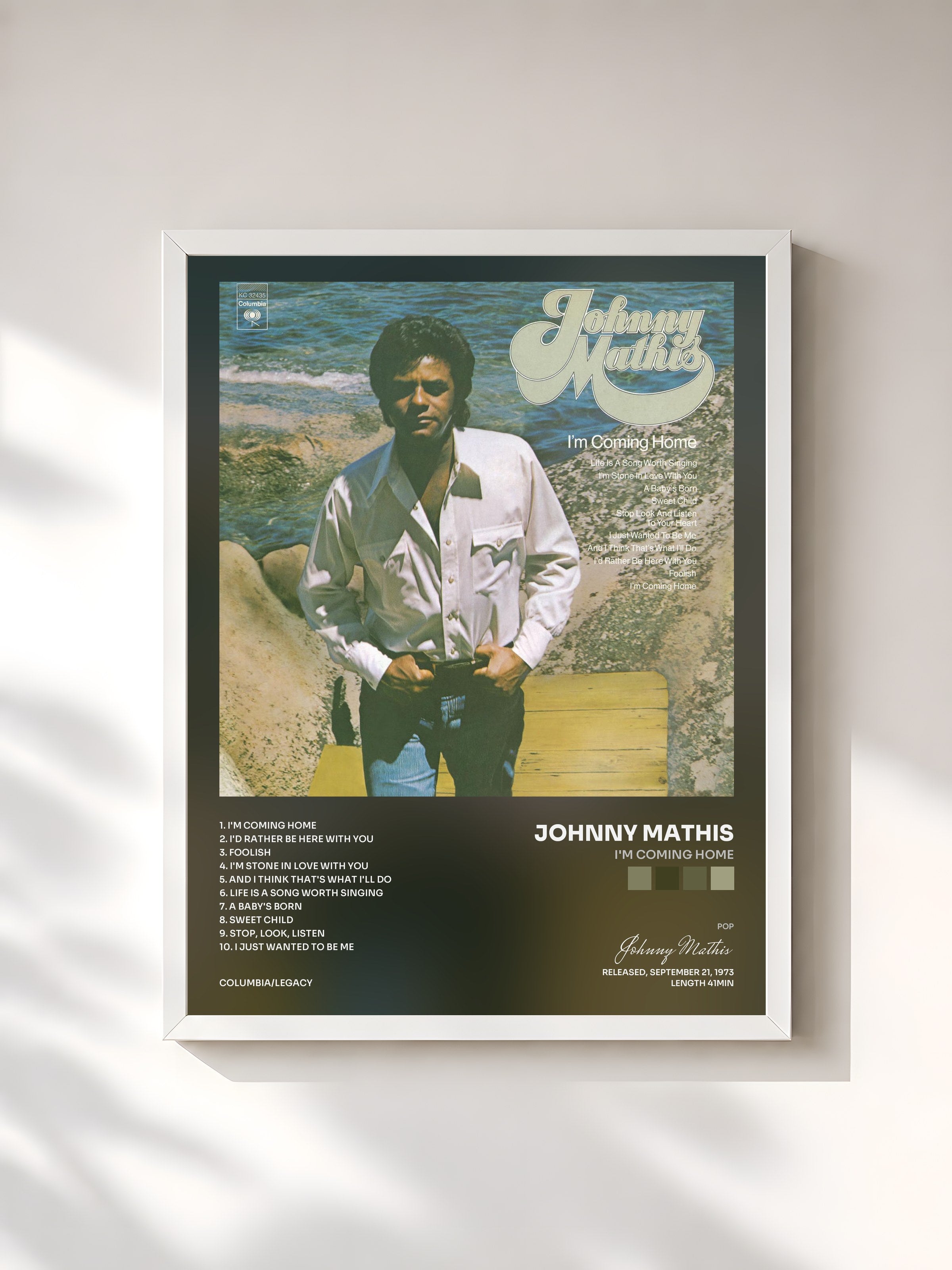 #blanc Tableau de l'album I'm Coming Home de Johnny Mathis, cadre blanc, imprimé et encadré en France