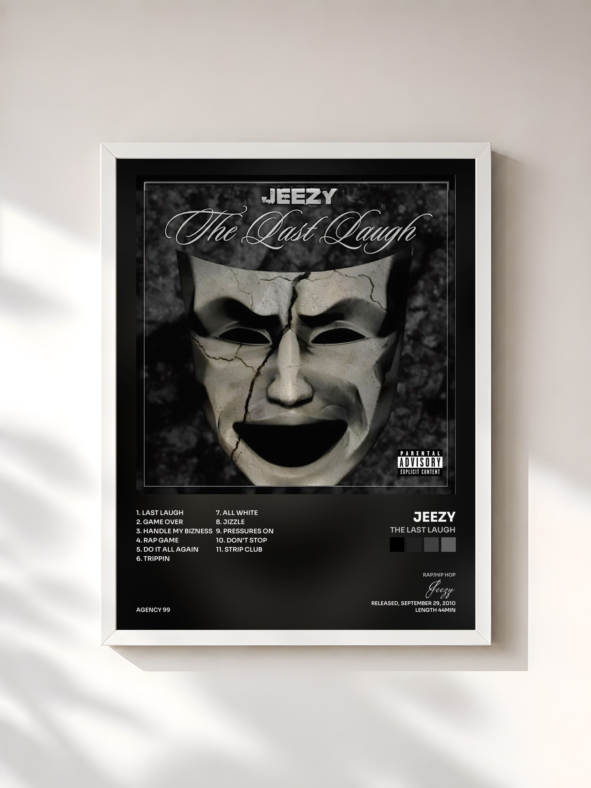#blanc Tableau de l'album The Last Laugh de Jeezy, cadre blanc, imprimé et encadré en France
