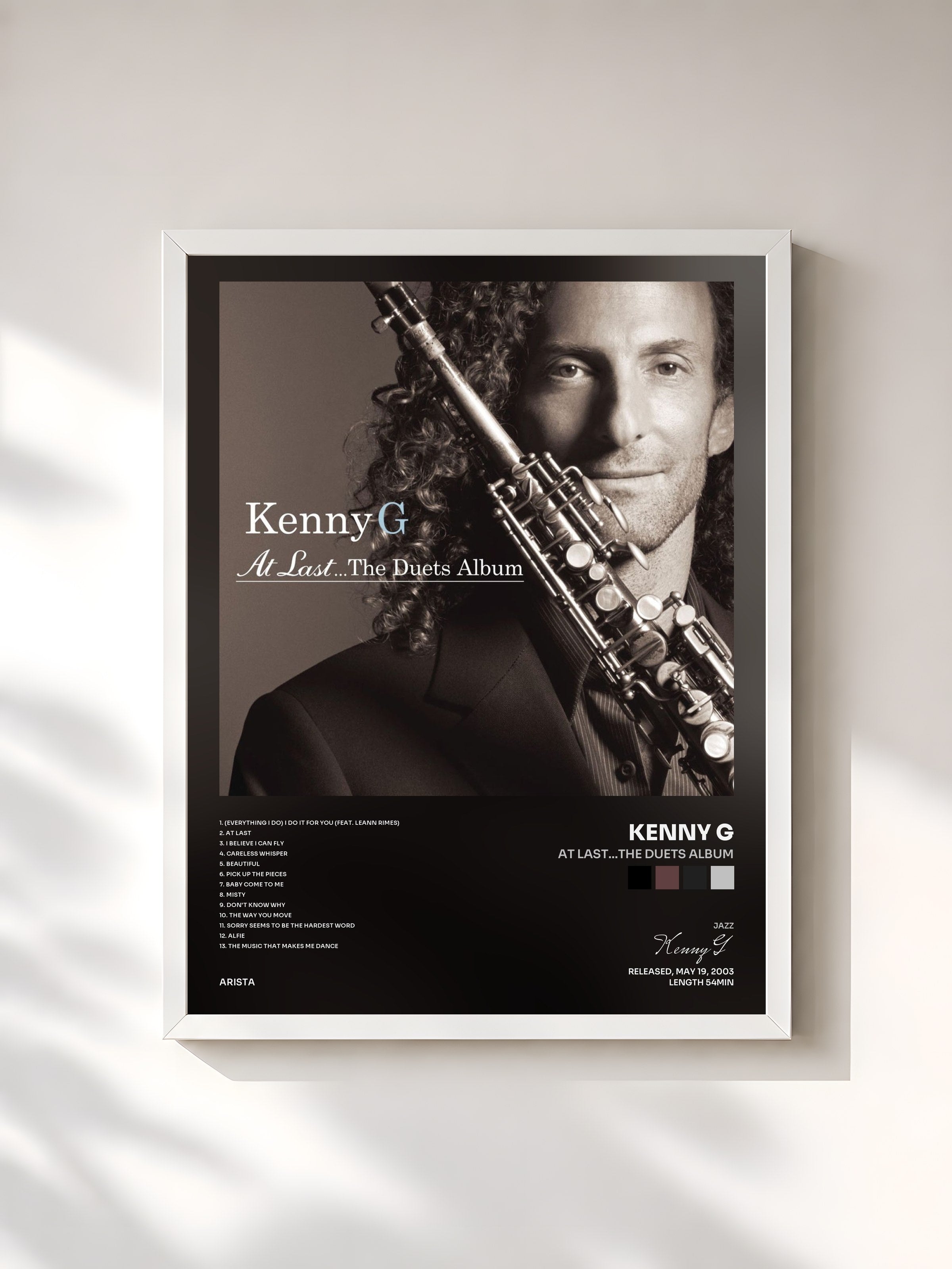 #blanc Tableau de l'album At Last...The Duets Album de Kenny G, cadre blanc, imprimé et encadré en France