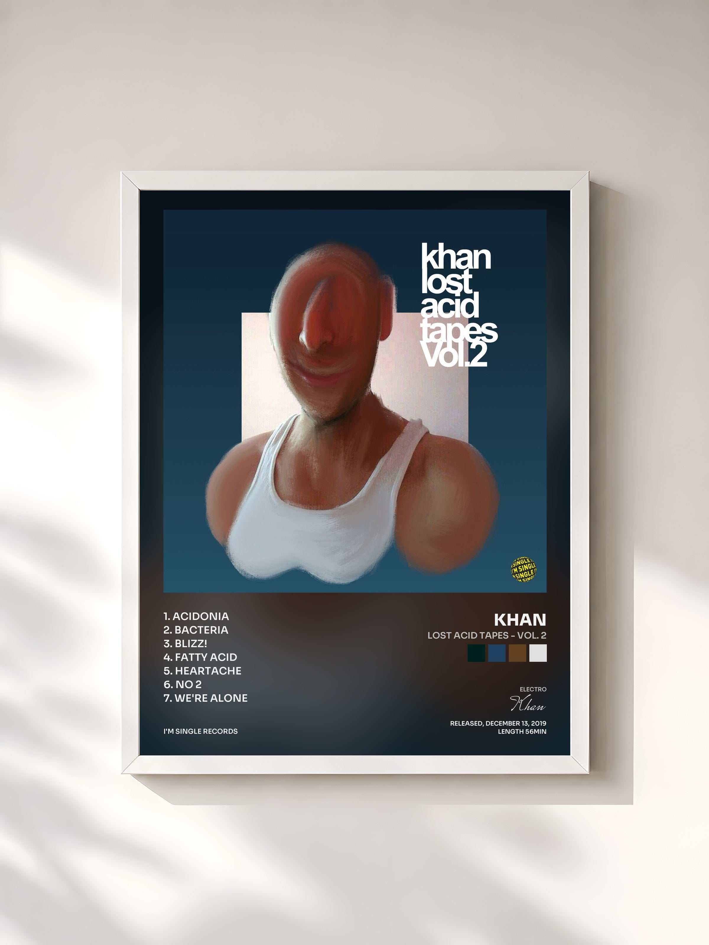 #blanc Tableau de l'album Lost Acid Tapes - Vol. 2 de Khan, cadre blanc, imprimé et encadré en France