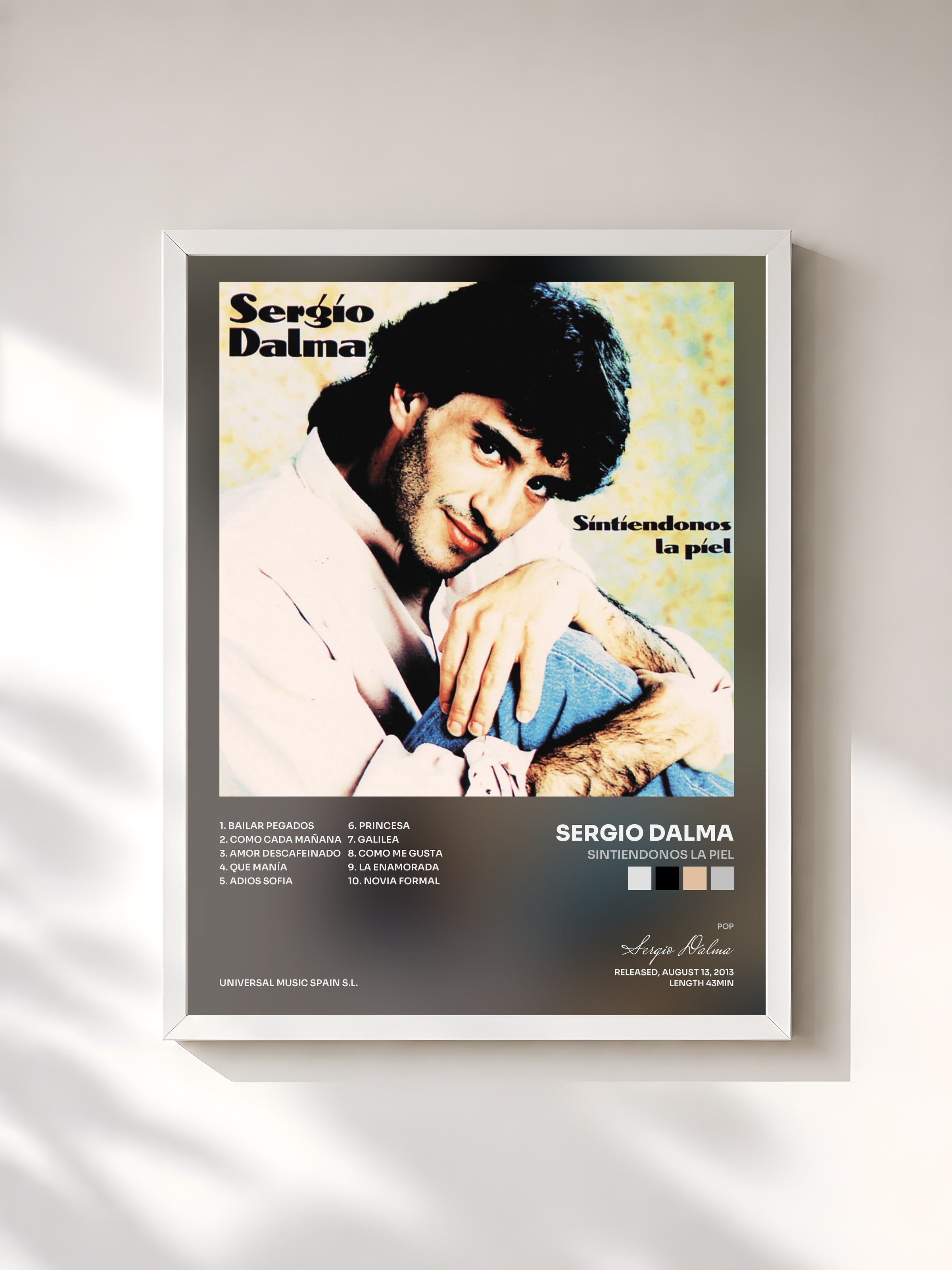 #blanc Tableau de l'album Sintiendonos La Piel de Sergio Dalma, cadre blanc, imprimé et encadré en France