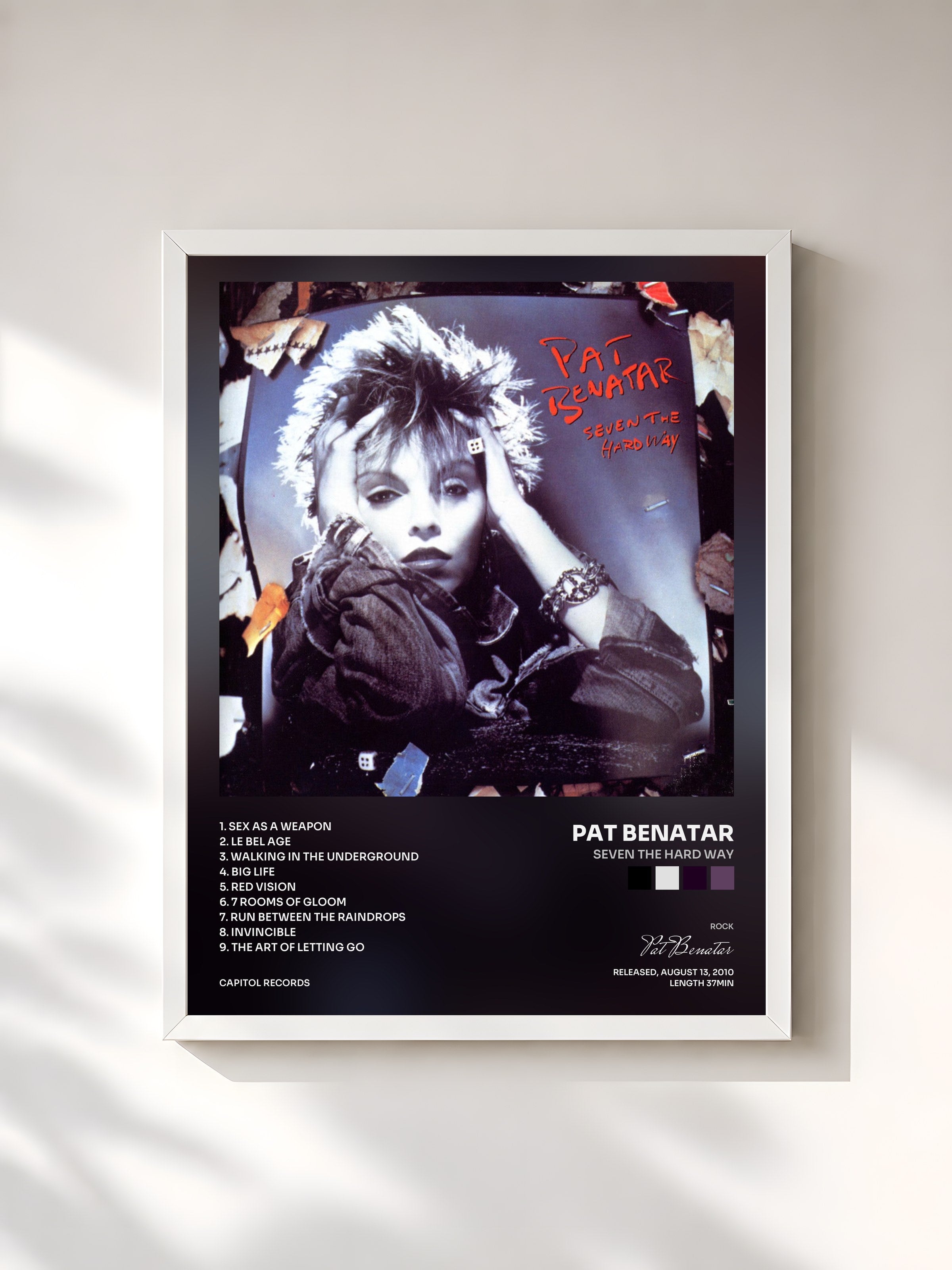 #blanc Tableau de l'album Seven The Hard Way de Pat Benatar, cadre blanc, imprimé et encadré en France