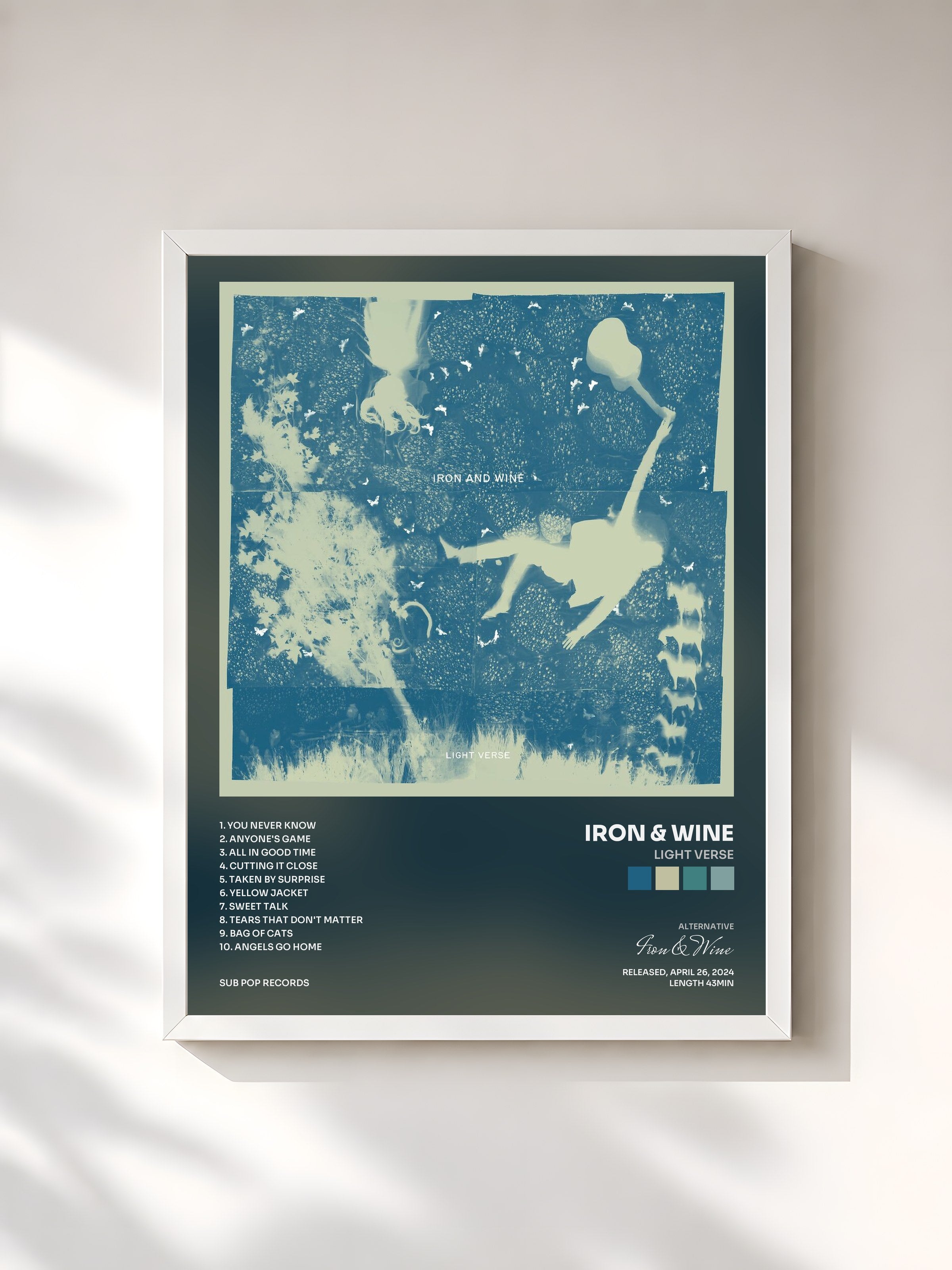 #blanc Tableau de l'album Light Verse de Iron & Wine, cadre blanc, imprimé et encadré en France