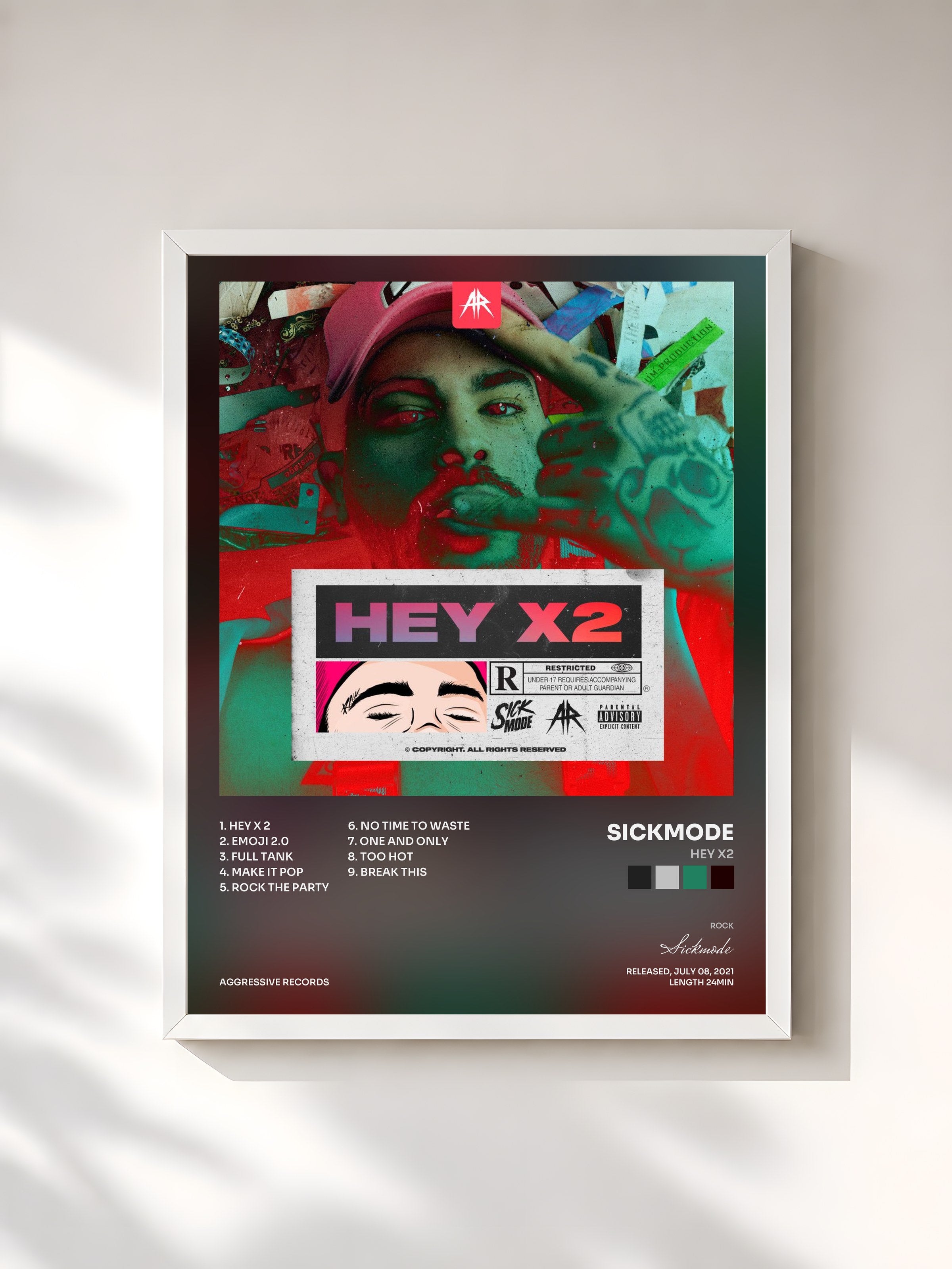 #blanc Tableau de l'album HEY X2 de Sickmode, cadre blanc, imprimé et encadré en France