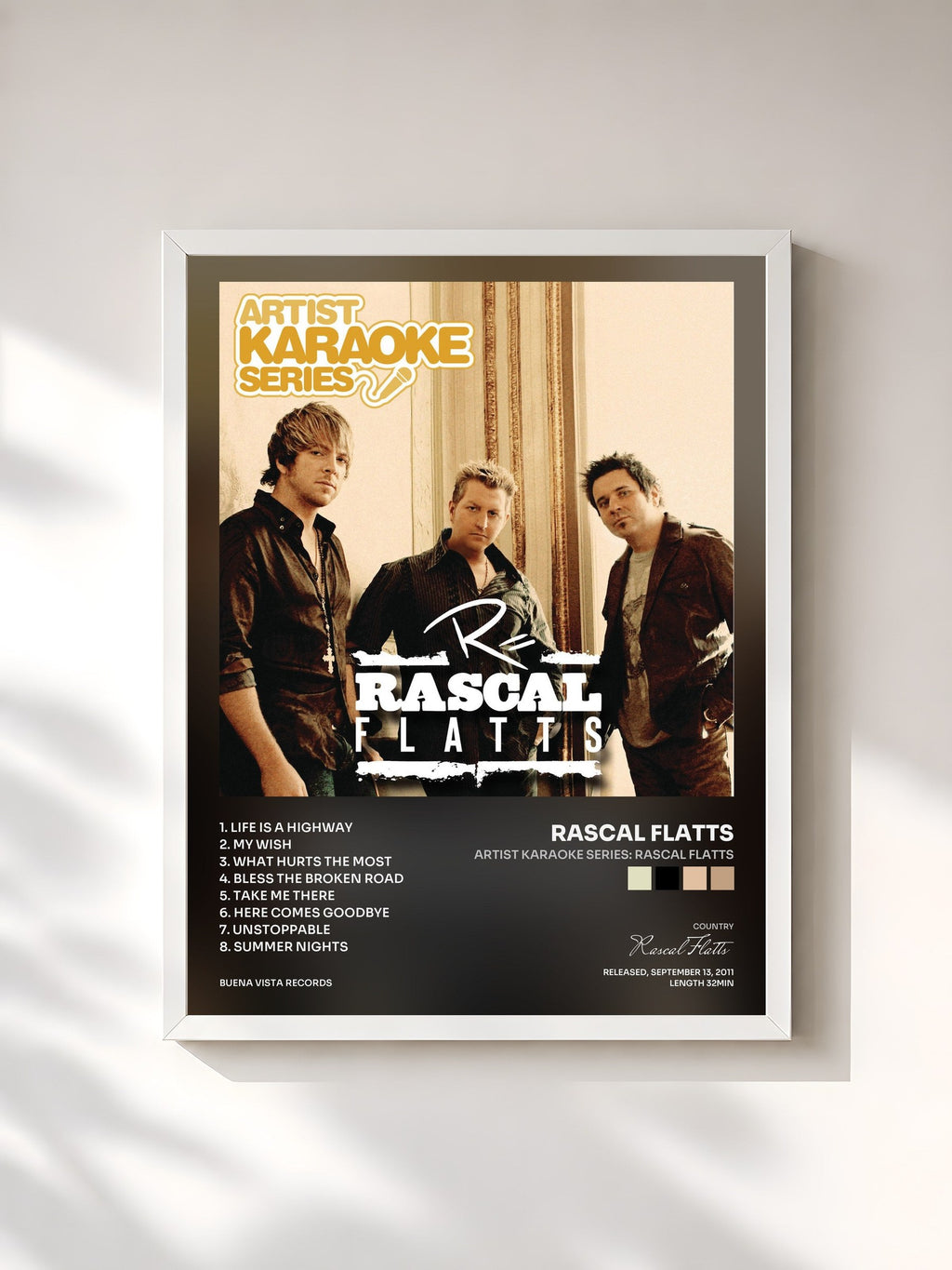 #blanc Artist Karaoke Series: Rascal Flatts by Rascal Flatts as a framed art print, white frame, printed and framed in France