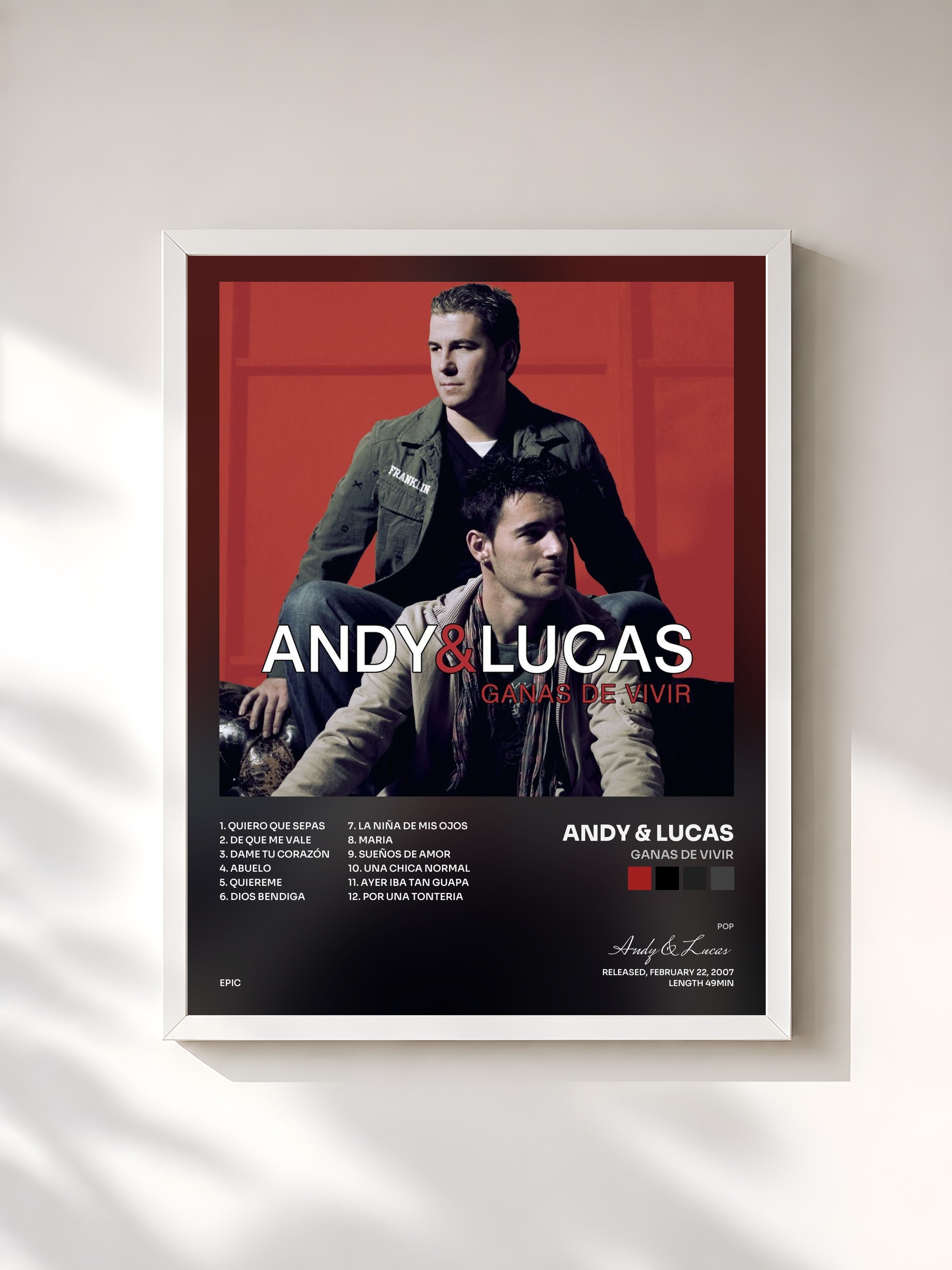 #blanc Tableau de l'album Ganas De Vivir de Andy & Lucas, cadre blanc, imprimé et encadré en France