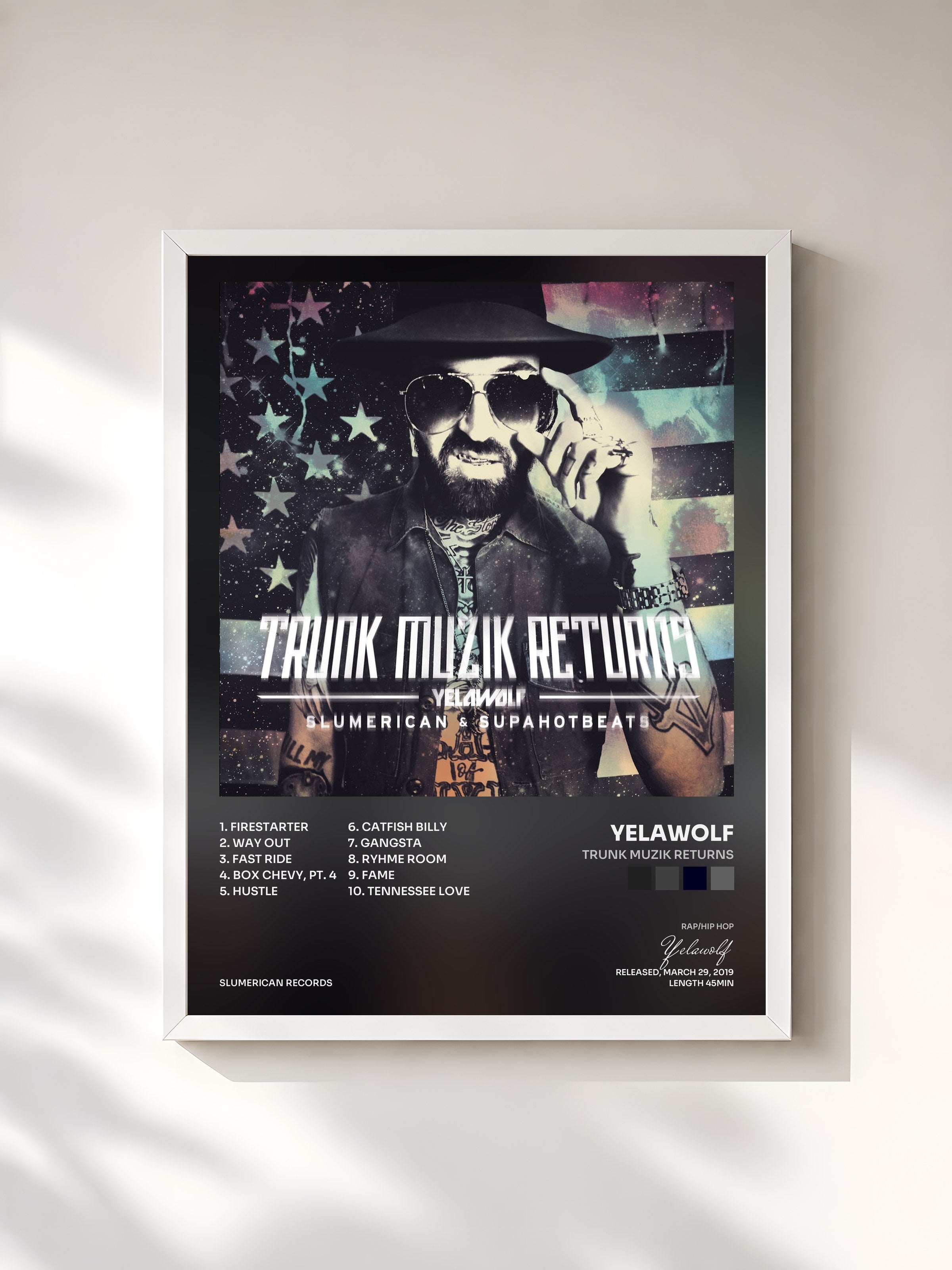 #blanc Tableau de l'album Trunk Muzik Returns de Yelawolf, cadre blanc, imprimé et encadré en France