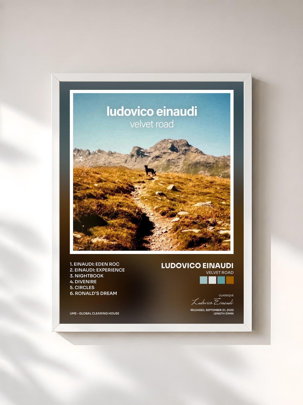 #blanc Tableau de l'album Velvet Road de Ludovico Einaudi, cadre blanc, imprimé et encadré en France