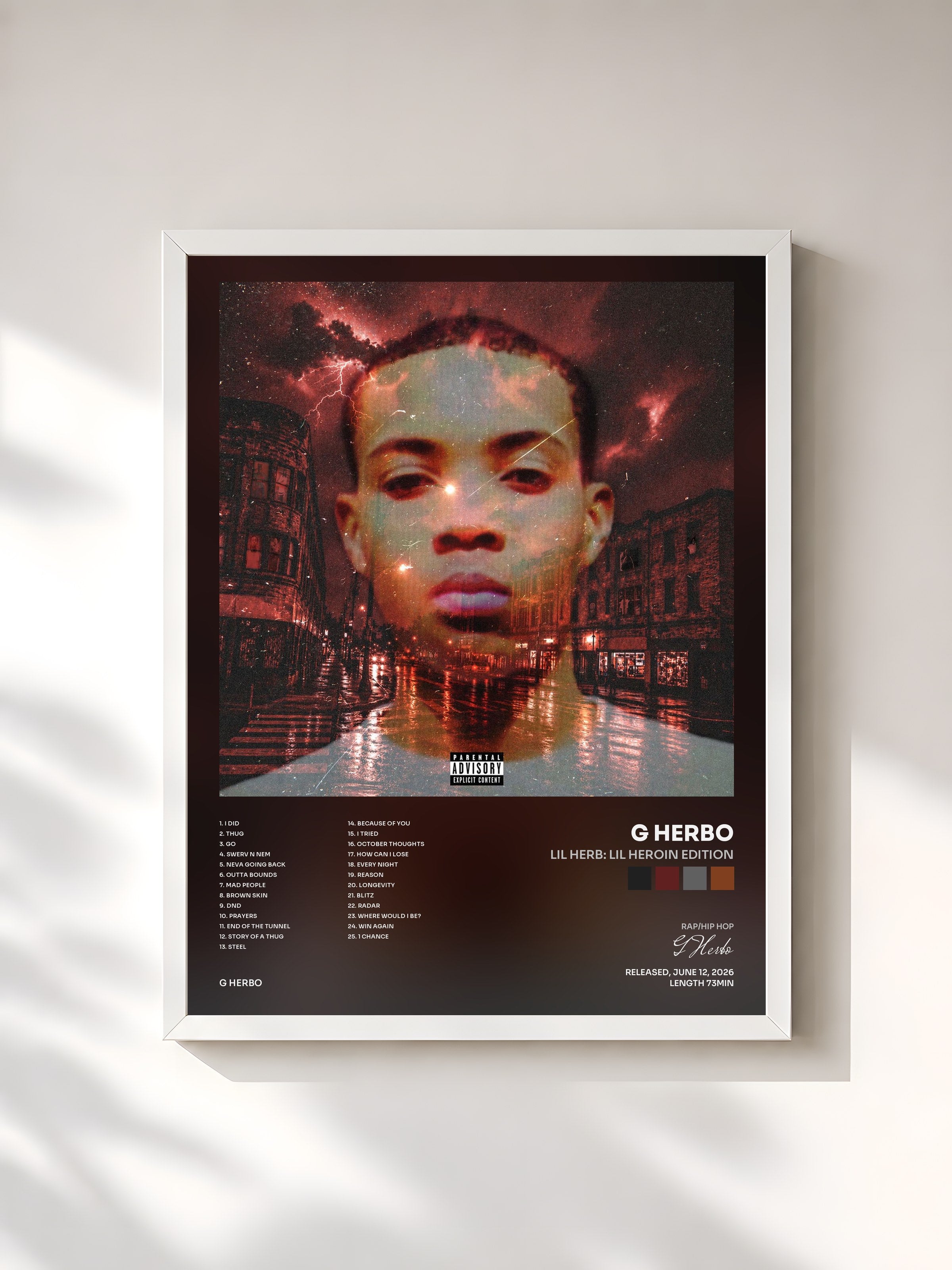#blanc Tableau de l'album Lil Herb: Lil Heroin Edition de G Herbo, cadre blanc, imprimé et encadré en France
