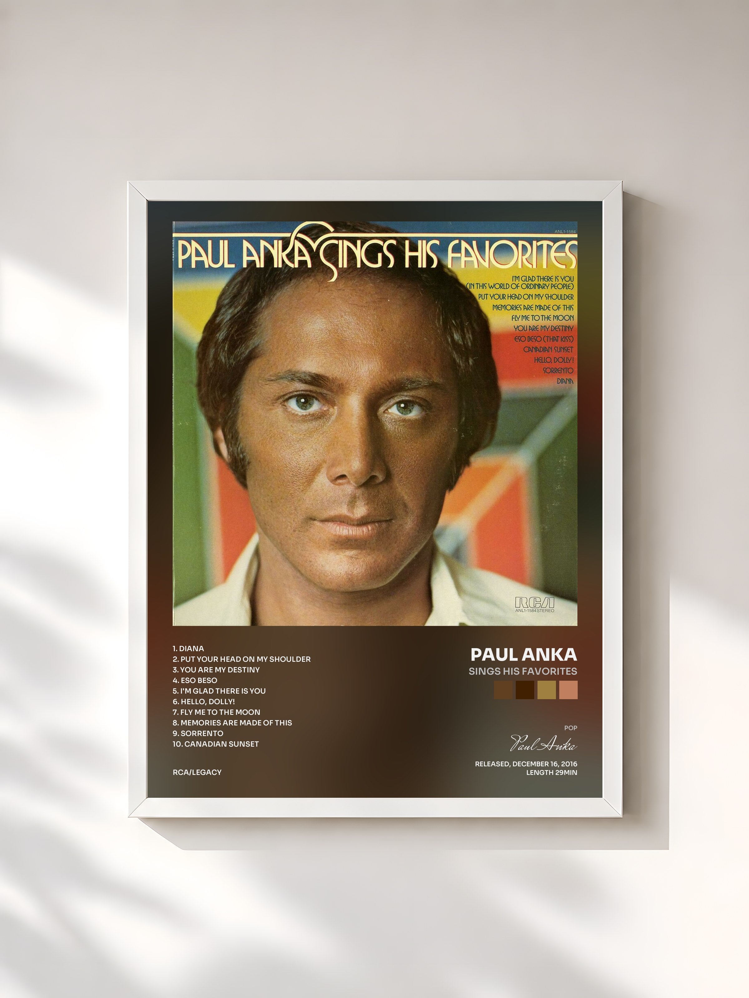 #blanc Tableau de l'album Sings His Favorites de Paul Anka, cadre blanc, imprimé et encadré en France