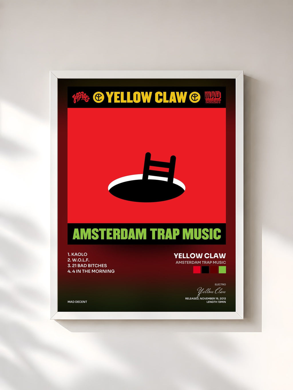 #blanc Amsterdam Trap Music by Yellow Claw as a framed art print, white frame, printed and framed in France