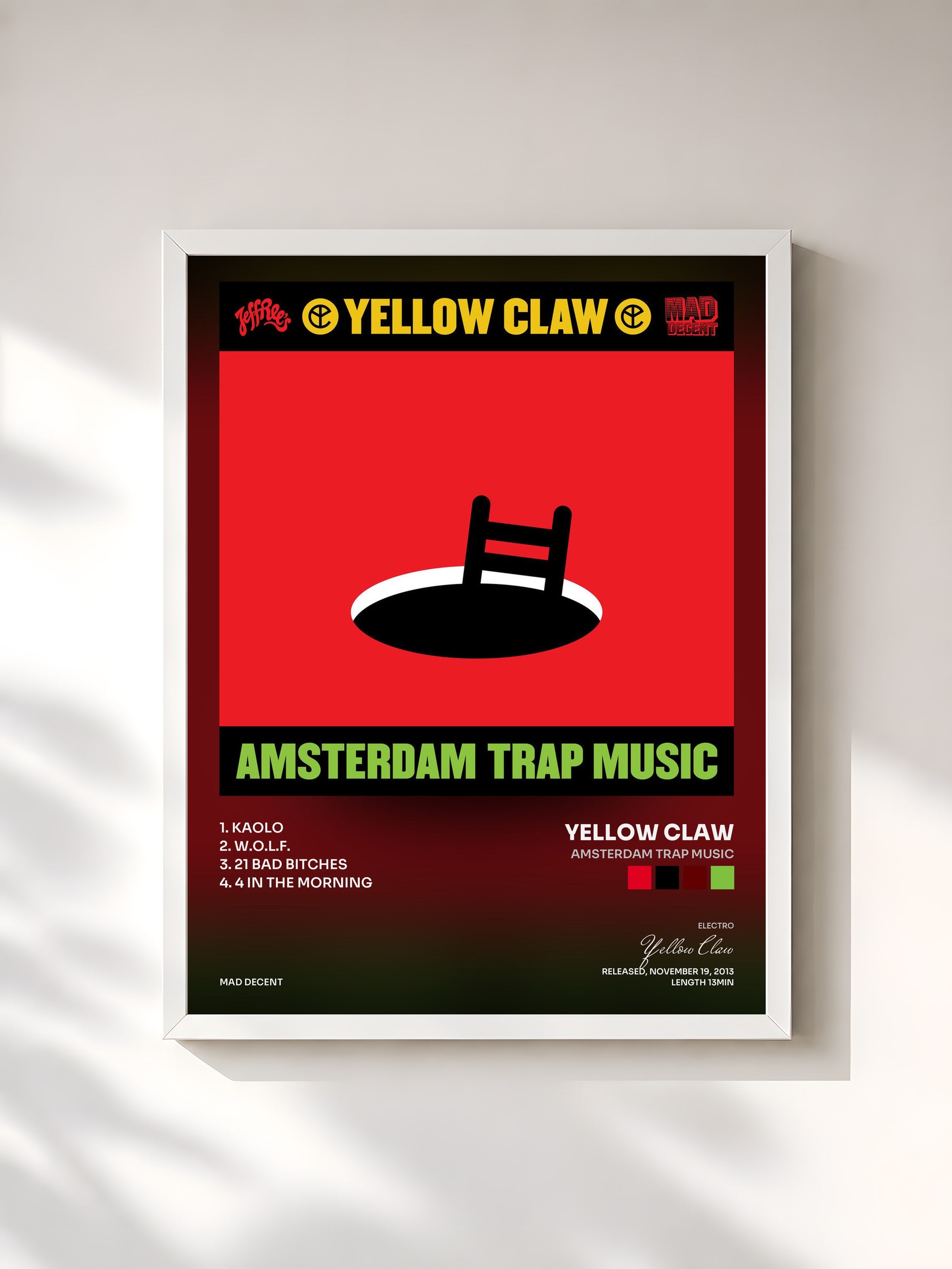 #blanc Tableau de l'album Amsterdam Trap Music de Yellow Claw, cadre blanc, imprimé et encadré en France