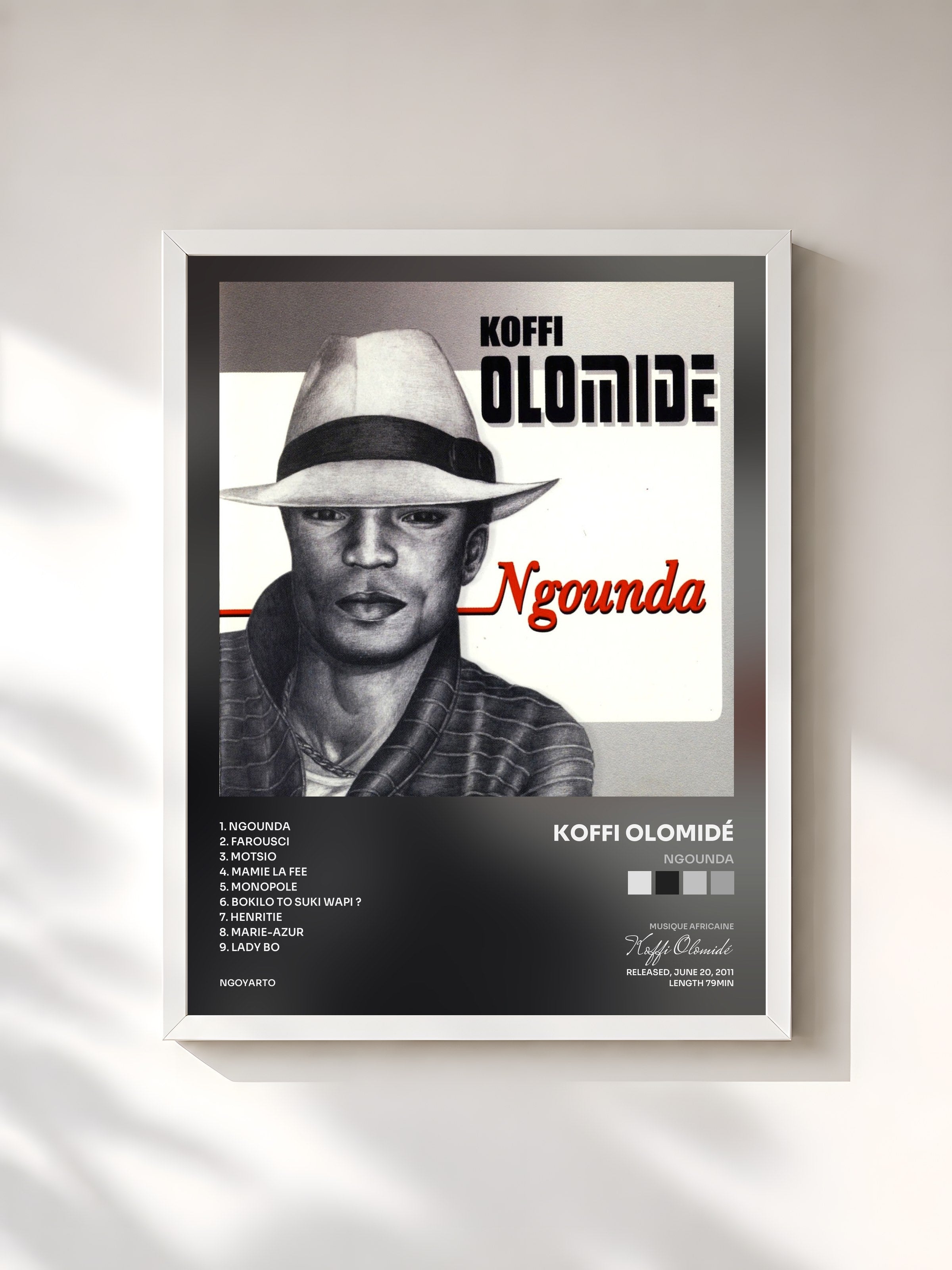 #blanc Tableau de l'album Ngounda de Koffi Olomidé, cadre blanc, imprimé et encadré en France