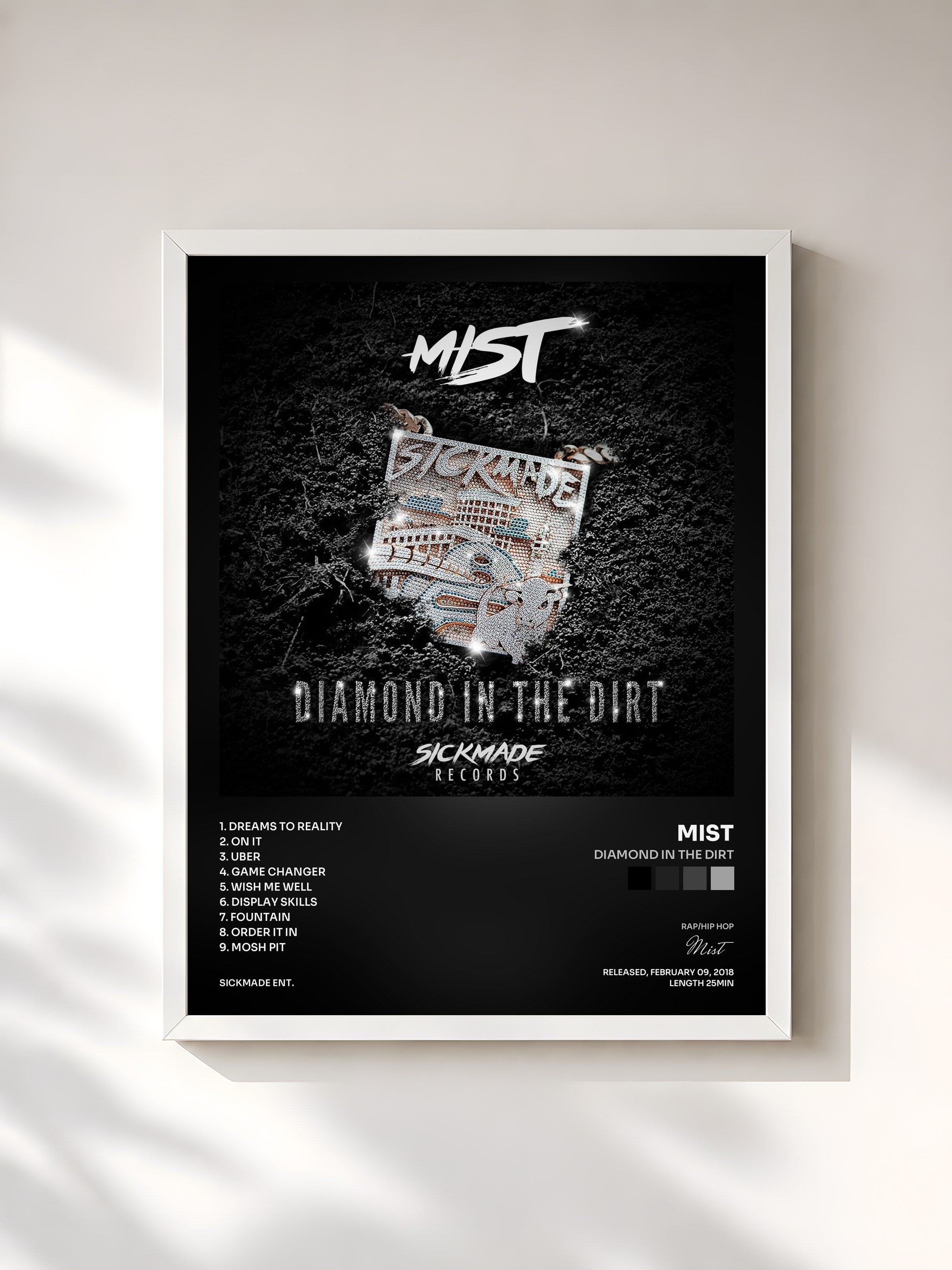 #blanc Tableau de l'album Diamond in the Dirt de Mist, cadre blanc, imprimé et encadré en France