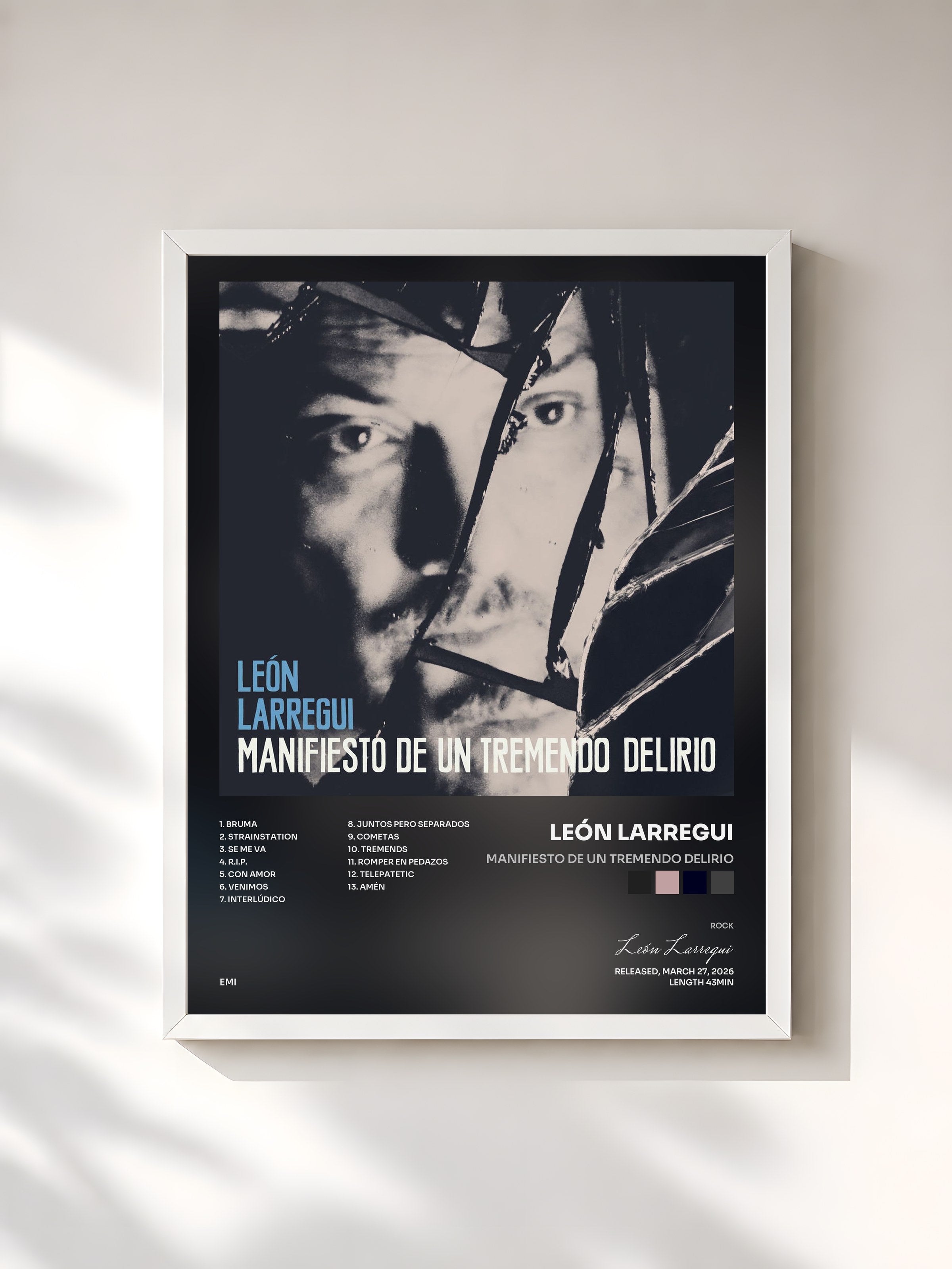 #blanc Tableau de l'album Manifiesto de un Tremendo Delirio de León Larregui, cadre blanc, imprimé et encadré en France