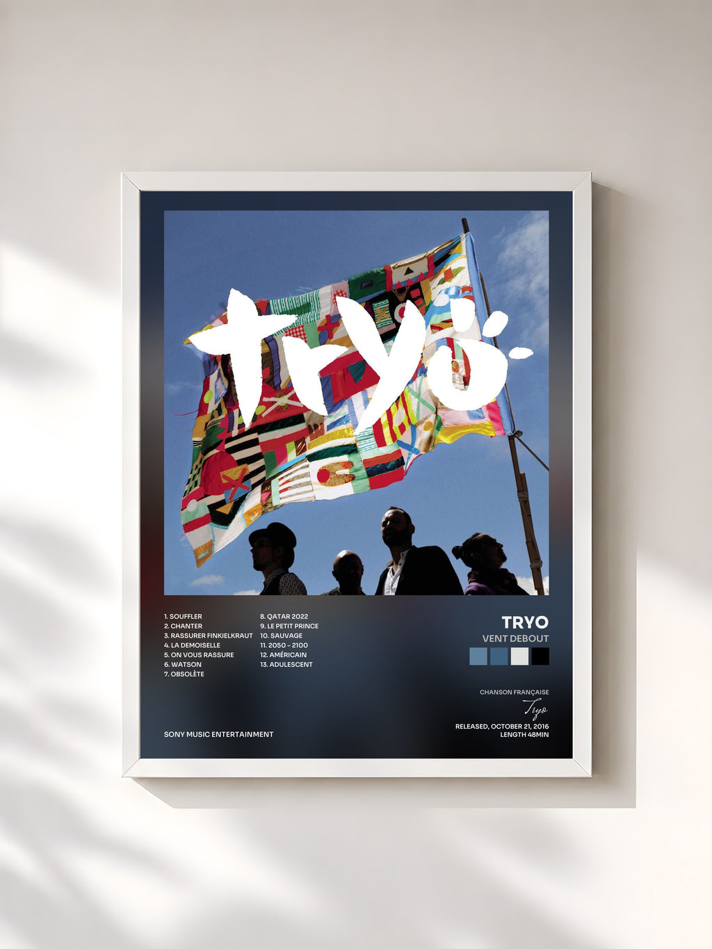 #blanc Tableau de l'album Vent debout de Tryo, cadre blanc, imprimé et encadré en France