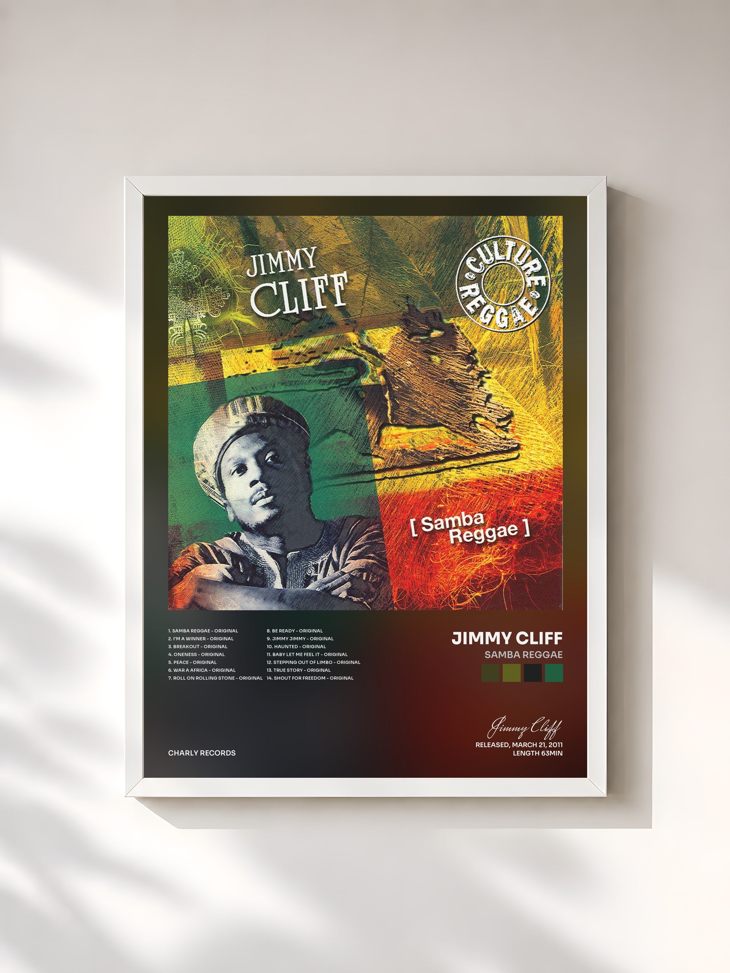 #blanc Tableau de l'album Samba Reggae de Jimmy Cliff, cadre blanc, imprimé et encadré en France