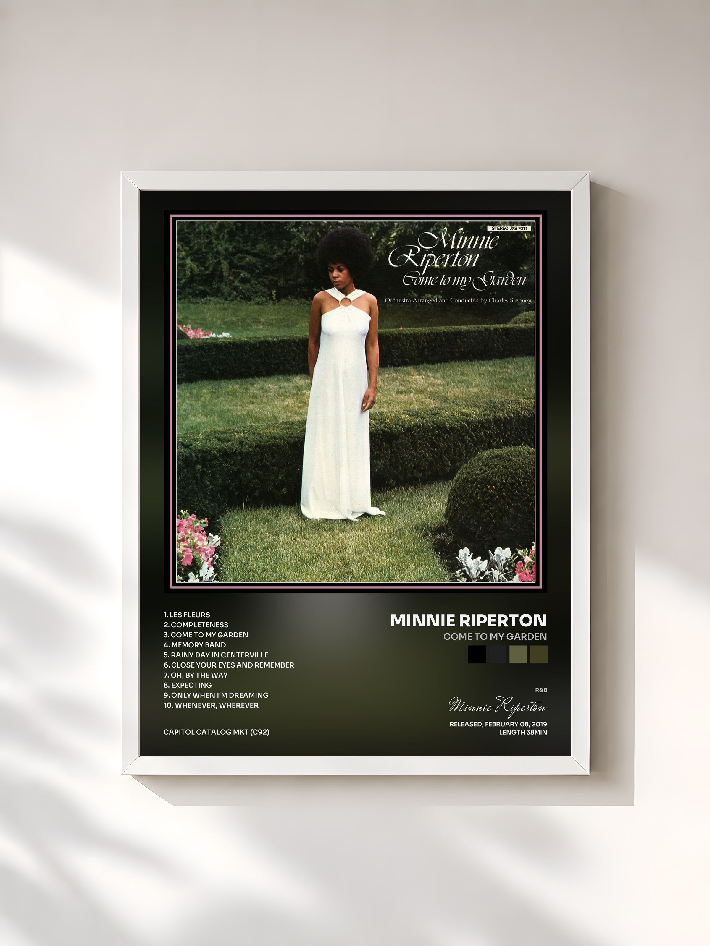 #blanc Tableau de l'album Come To My Garden de Minnie Riperton, cadre blanc, imprimé et encadré en France