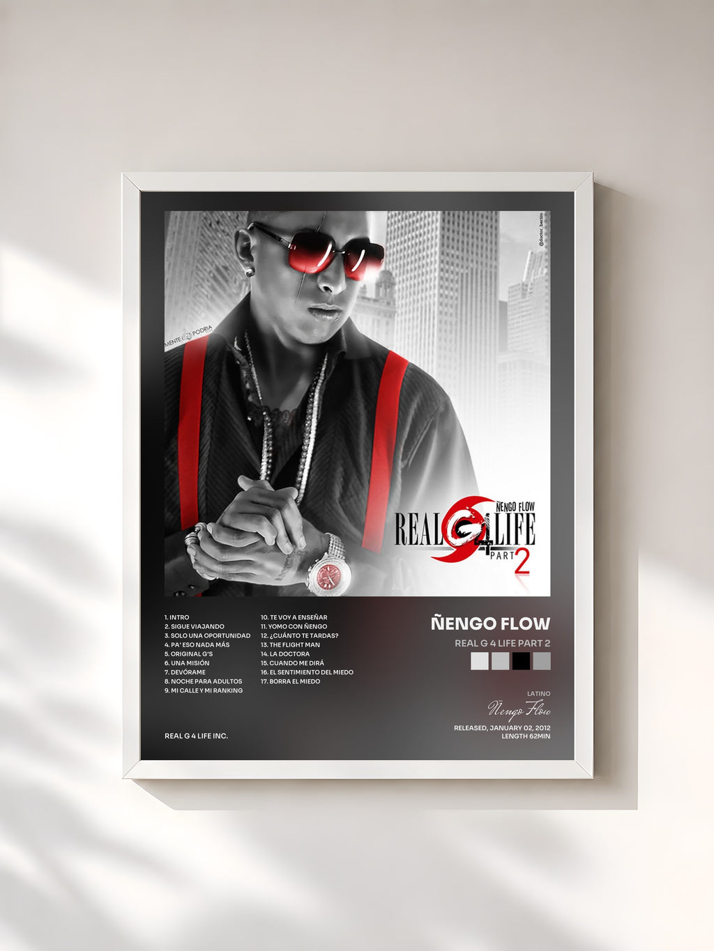 #blanc Tableau de l'album Real G 4 Life Part 2 de Ñengo Flow, cadre blanc, imprimé et encadré en France