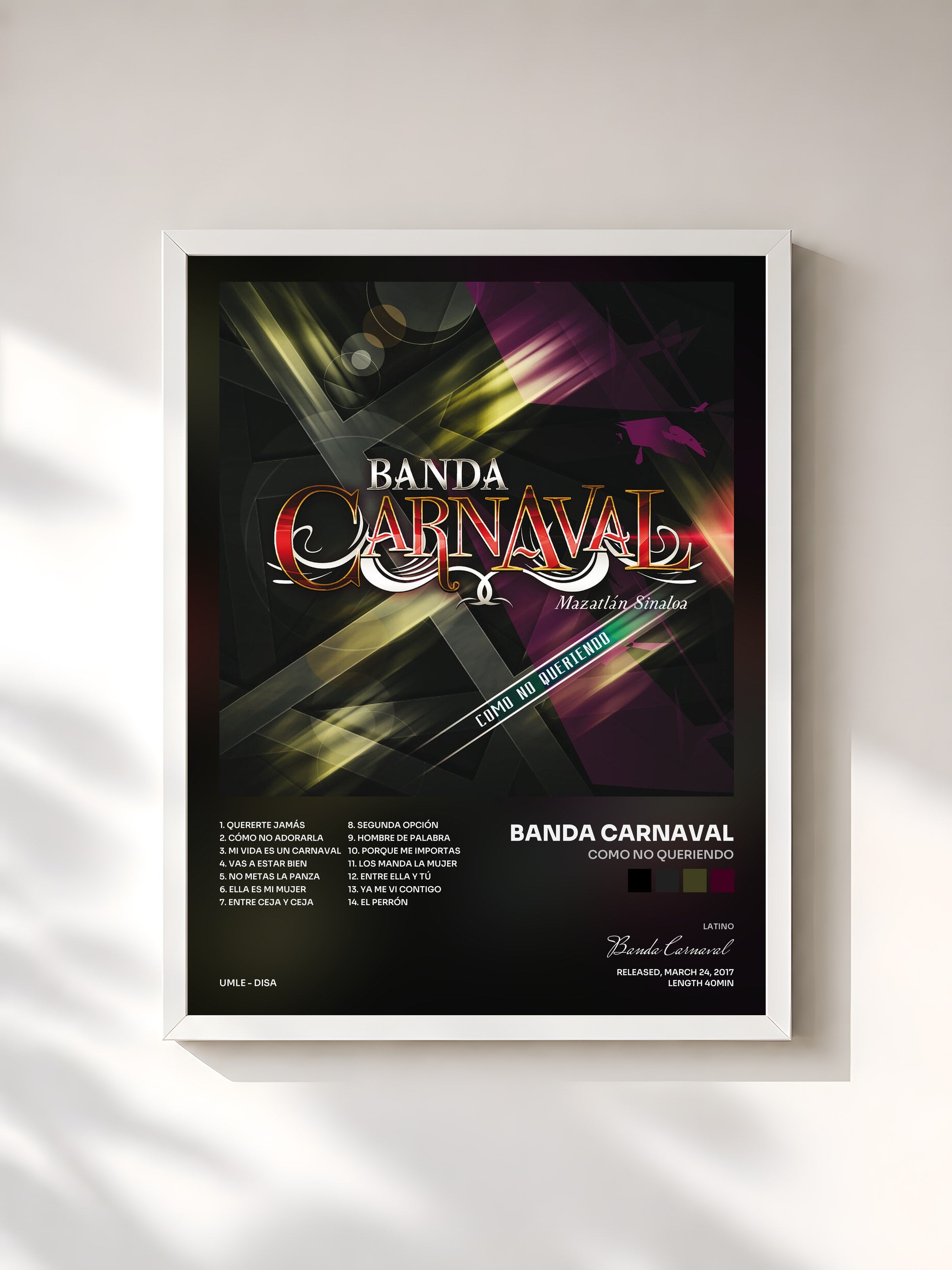 #blanc Tableau de l'album Como No Queriendo de Banda Carnaval, cadre blanc, imprimé et encadré en France