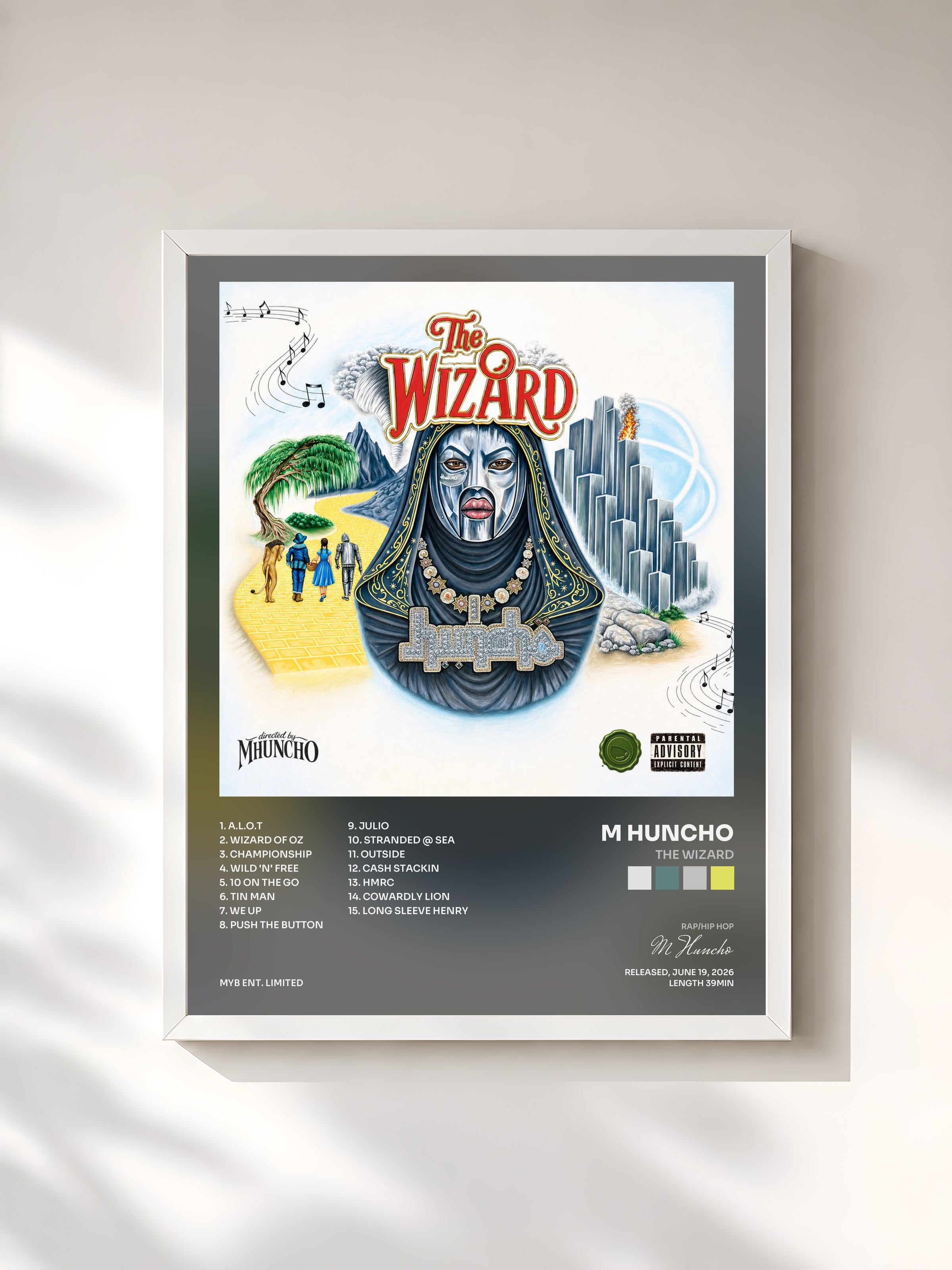 #blanc Tableau de l'album THE WIZARD de M Huncho, cadre blanc, imprimé et encadré en France