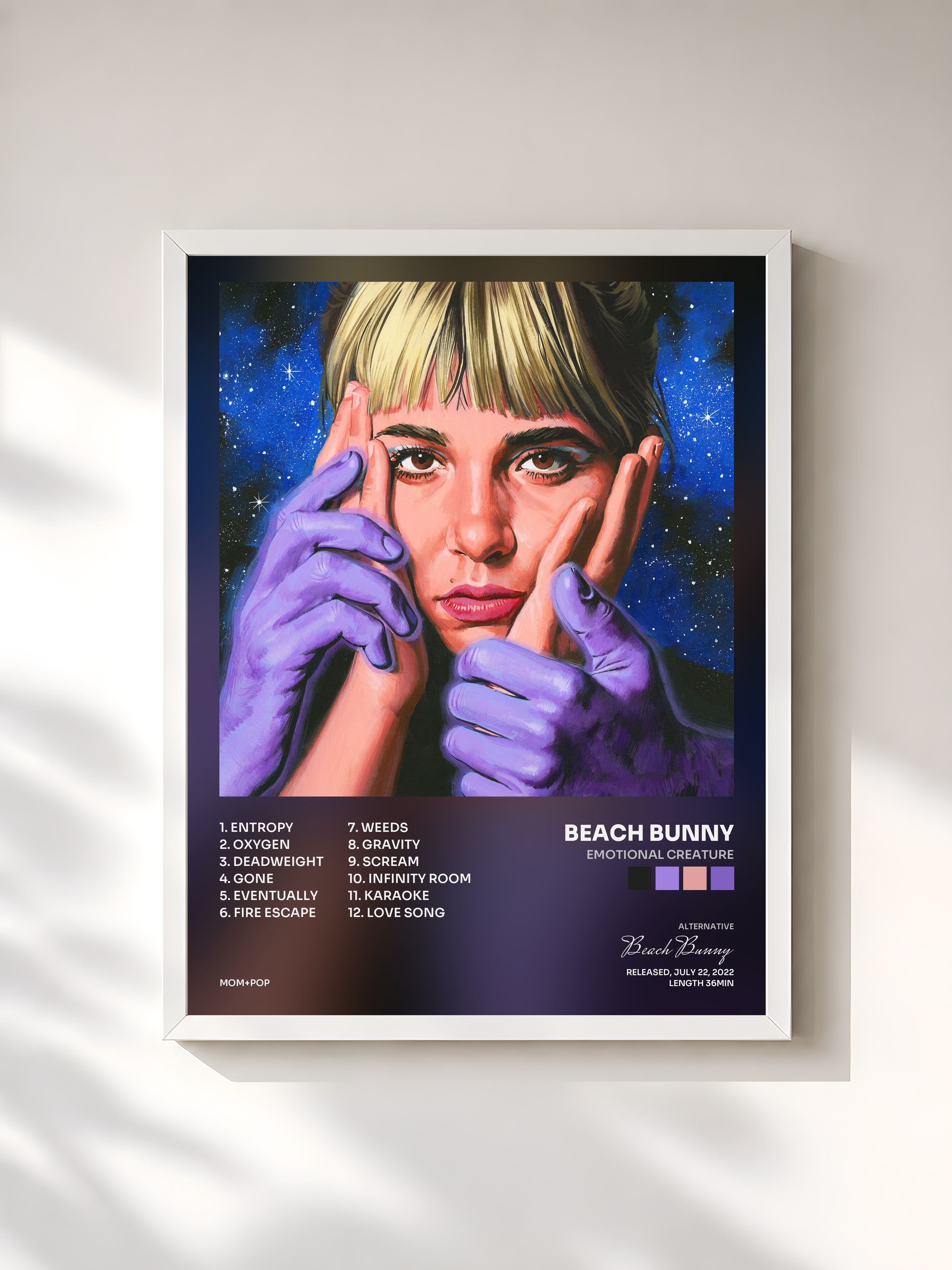 #blanc Tableau de l'album Emotional Creature de Beach Bunny, cadre blanc, imprimé et encadré en France