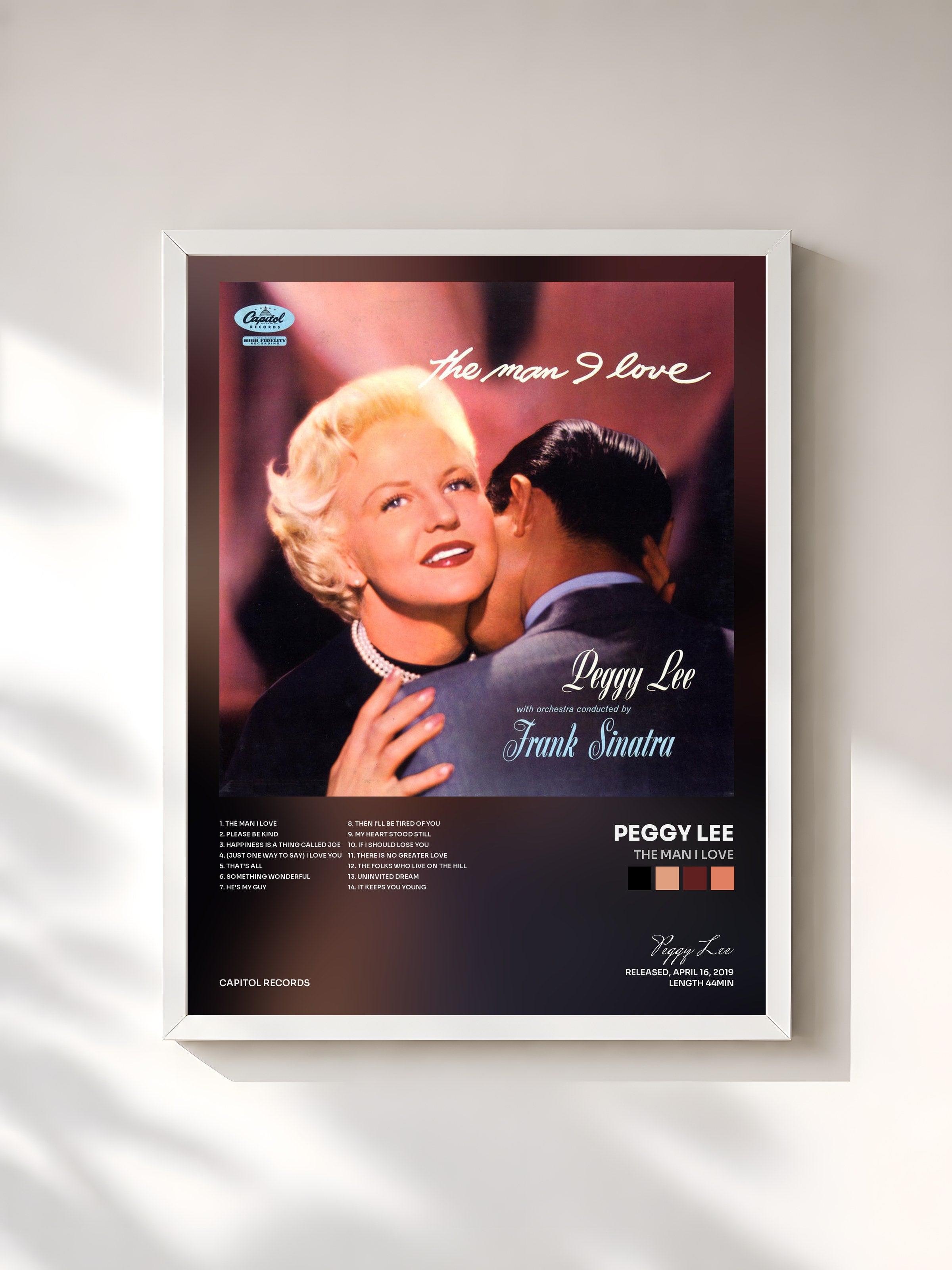 #blanc Tableau de l'album The Man I Love de Peggy Lee, cadre blanc, imprimé et encadré en France